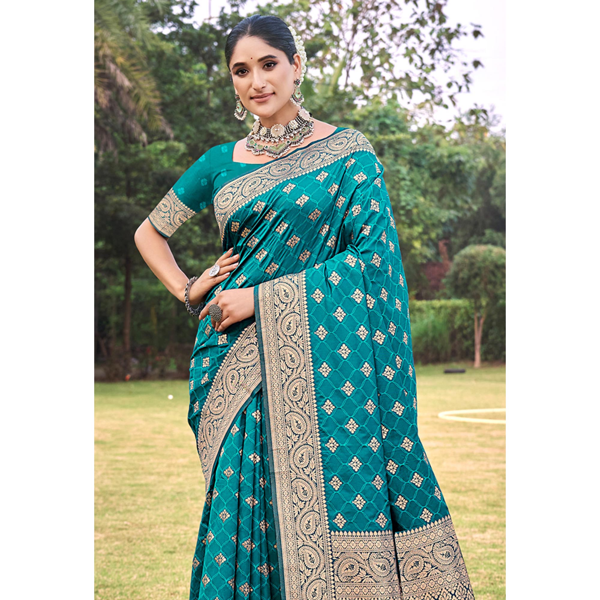 Rama Blue Floral Woven Kanjivaram Silk Saree With Tassels