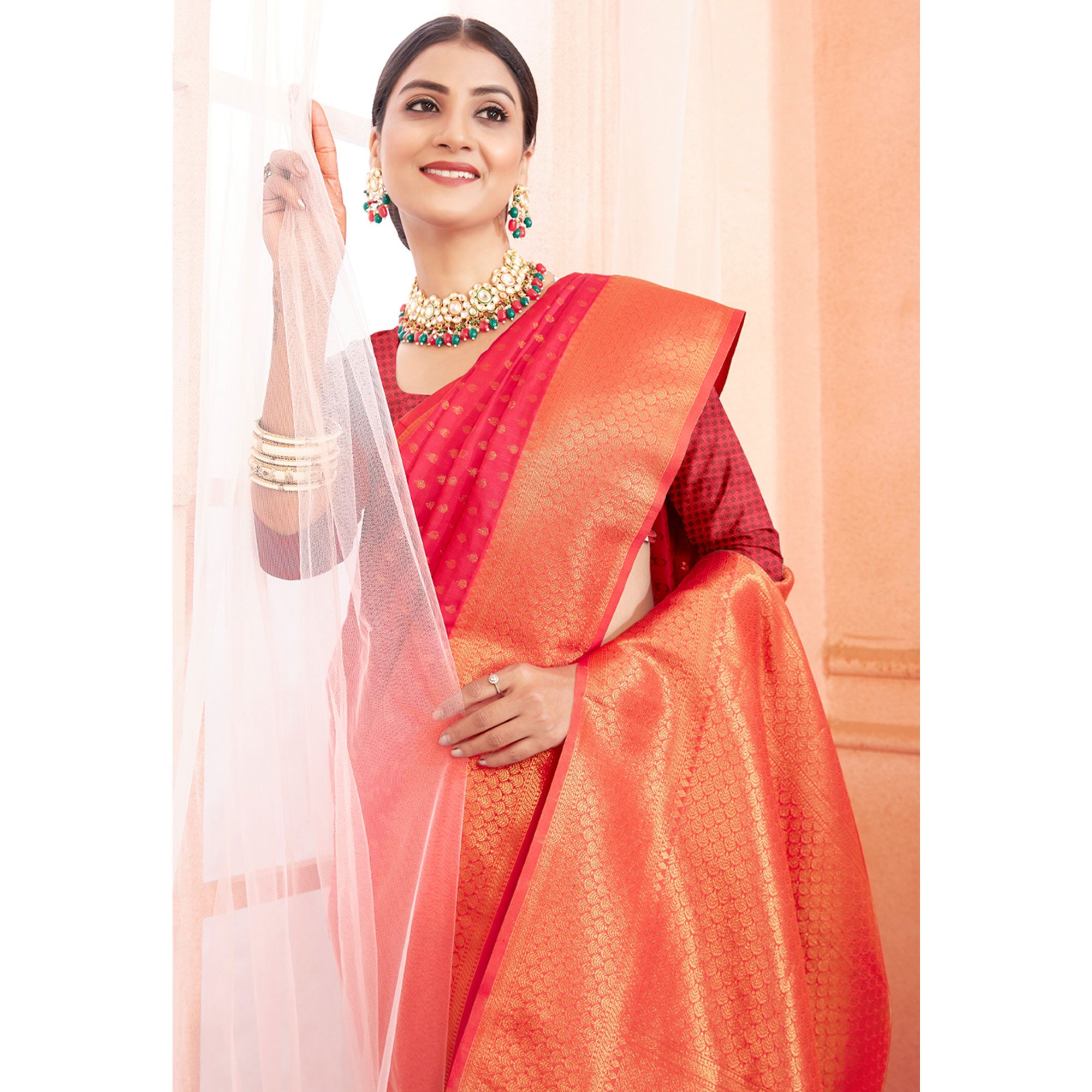 Pink Woven Banarasi Silk Saree With Tassels