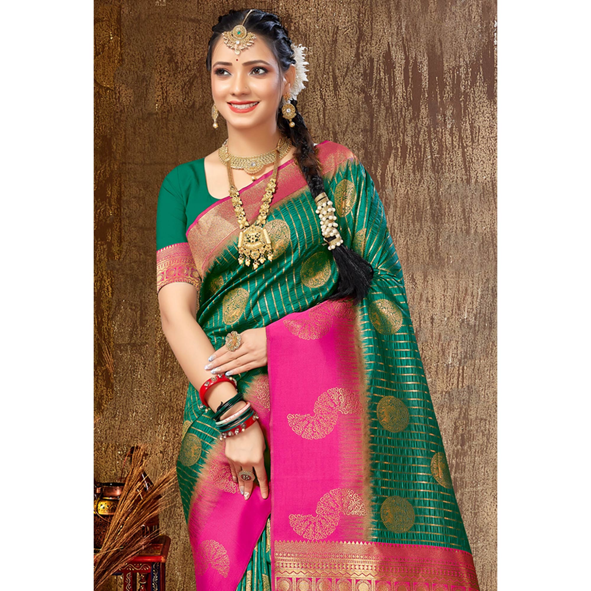 Green Woven Banarasi Silk Saree With Tassels