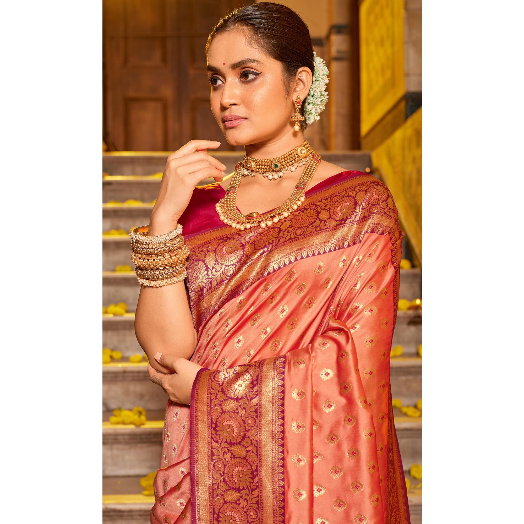Peach Woven Banarasi Silk Saree With Tassels