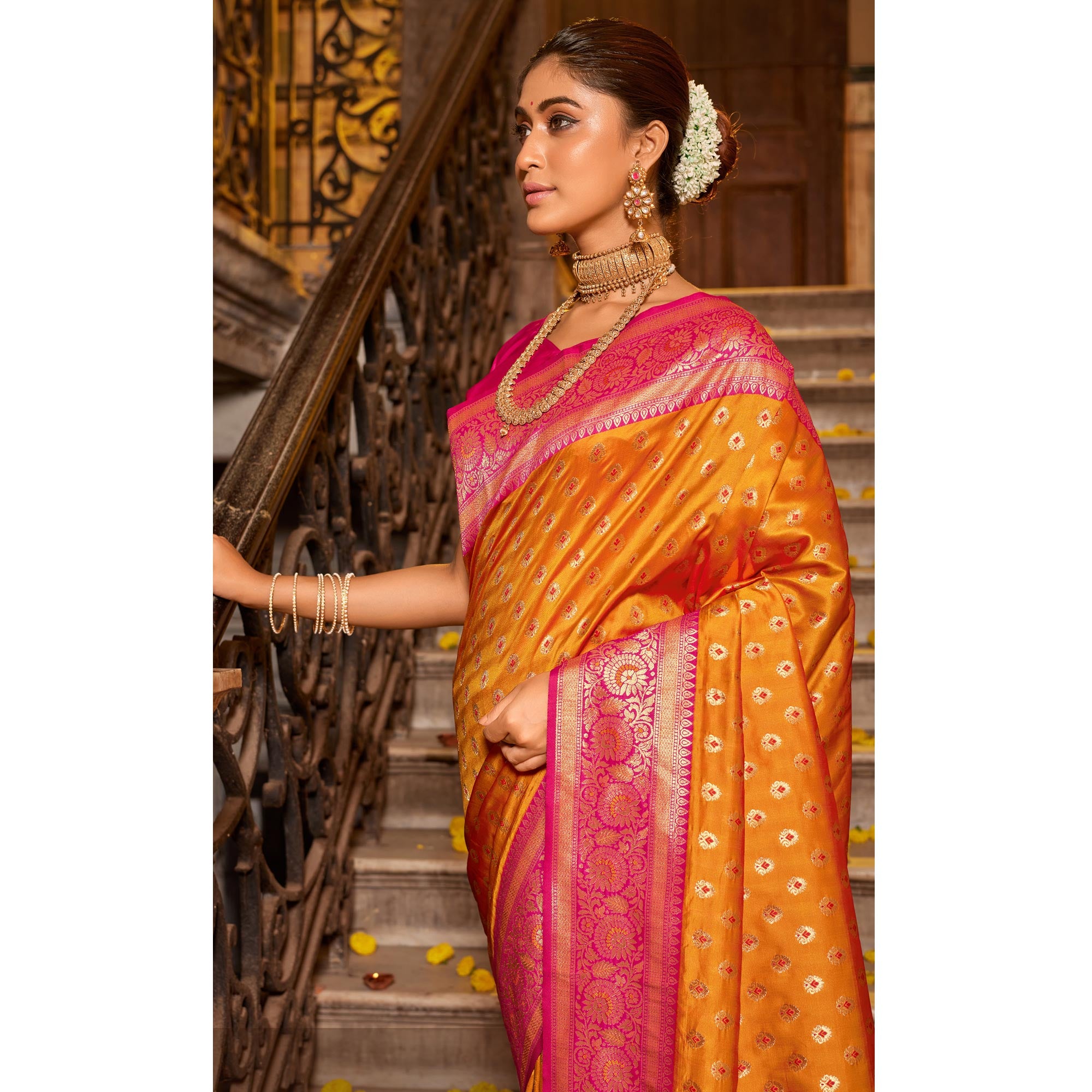 Yellow Woven Banarasi Silk Saree With Tassels