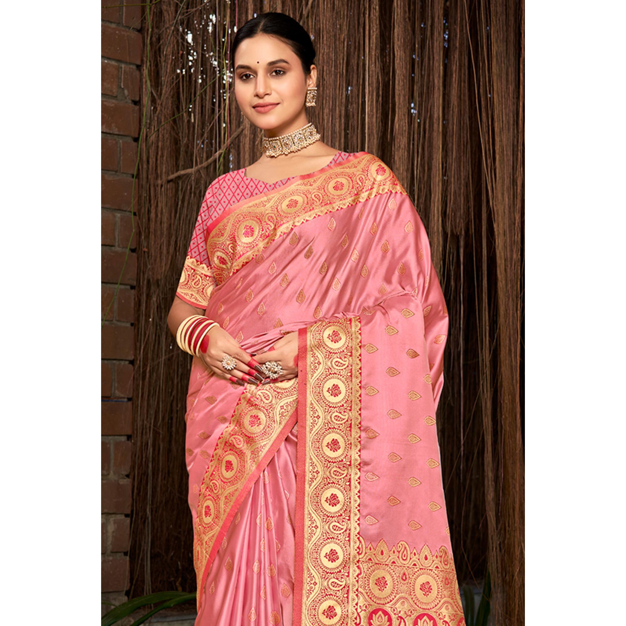 Pink Woven Satin Silk Saree With Tassels