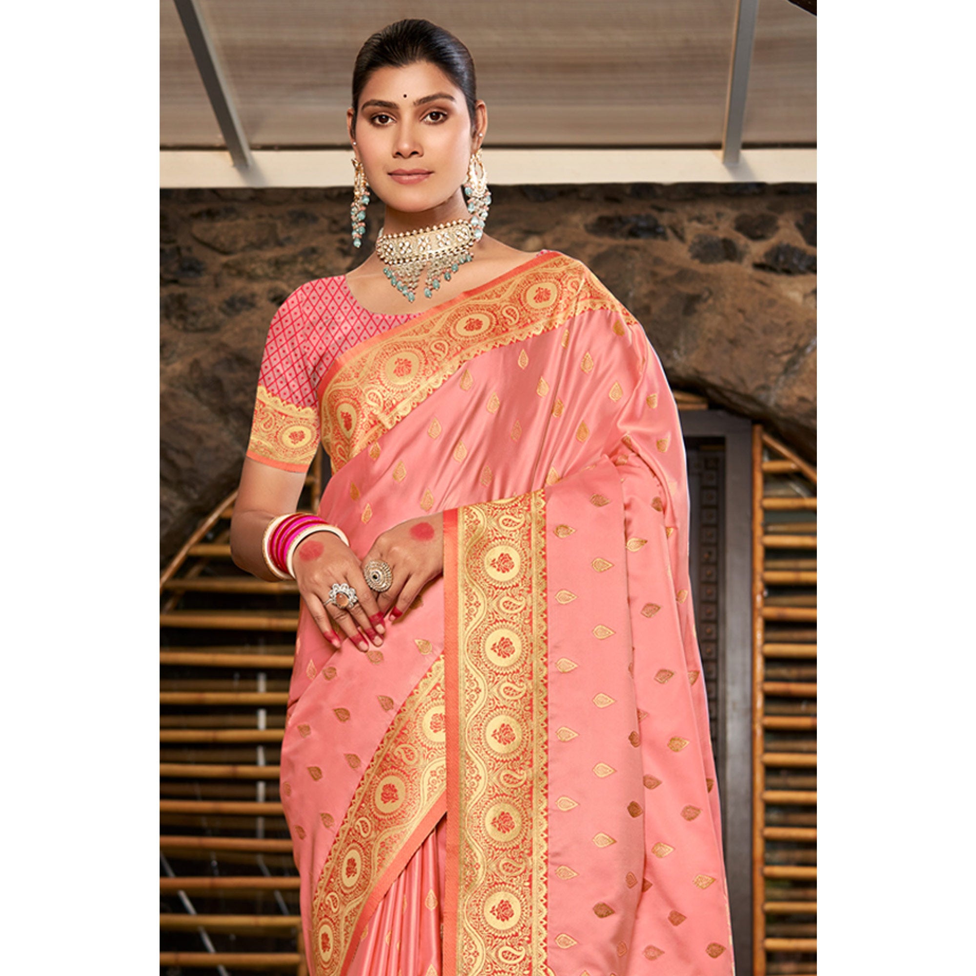 Peach Woven Satin Silk Saree With Tassels