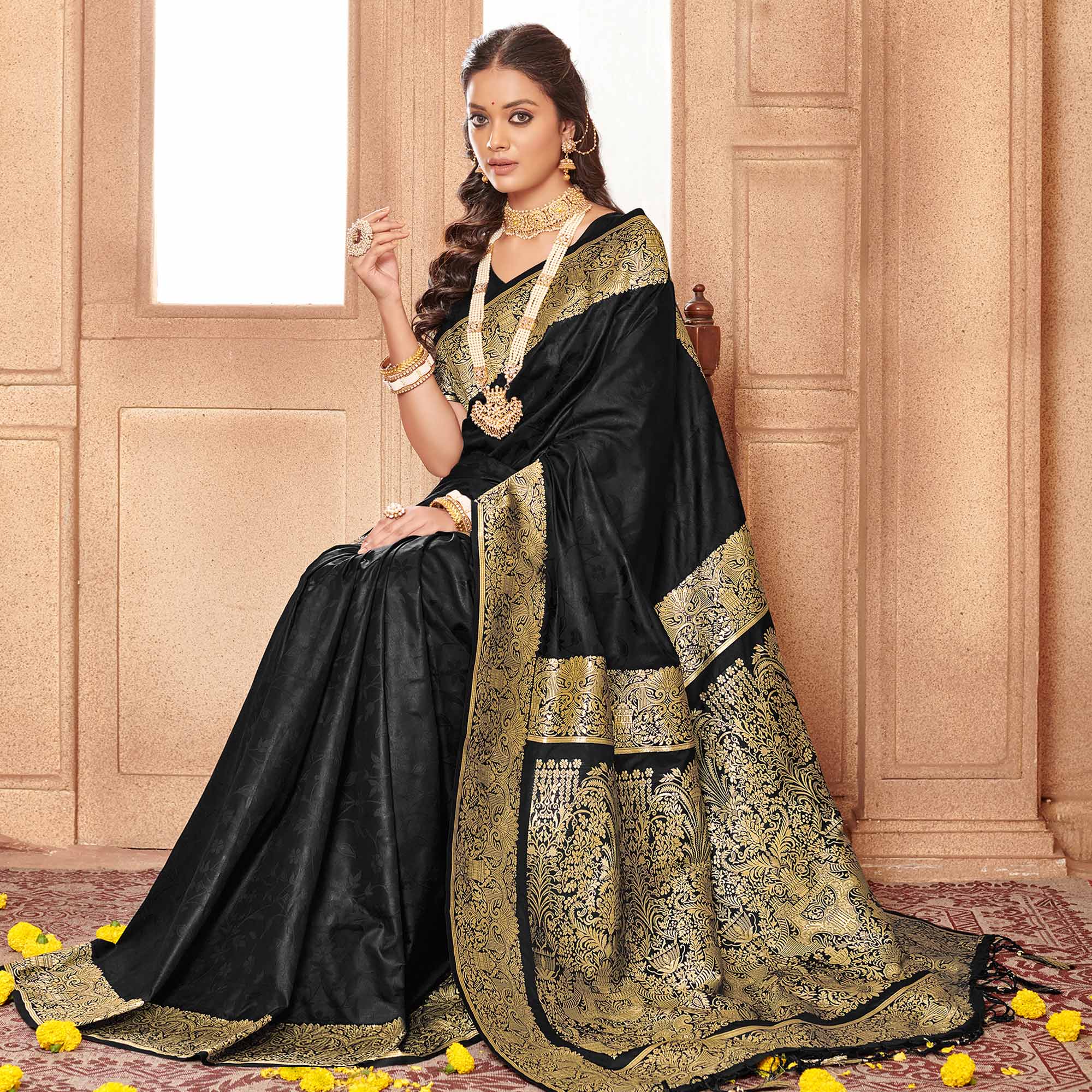 Black Floral Woven Banarasi Silk Saree With Tassels