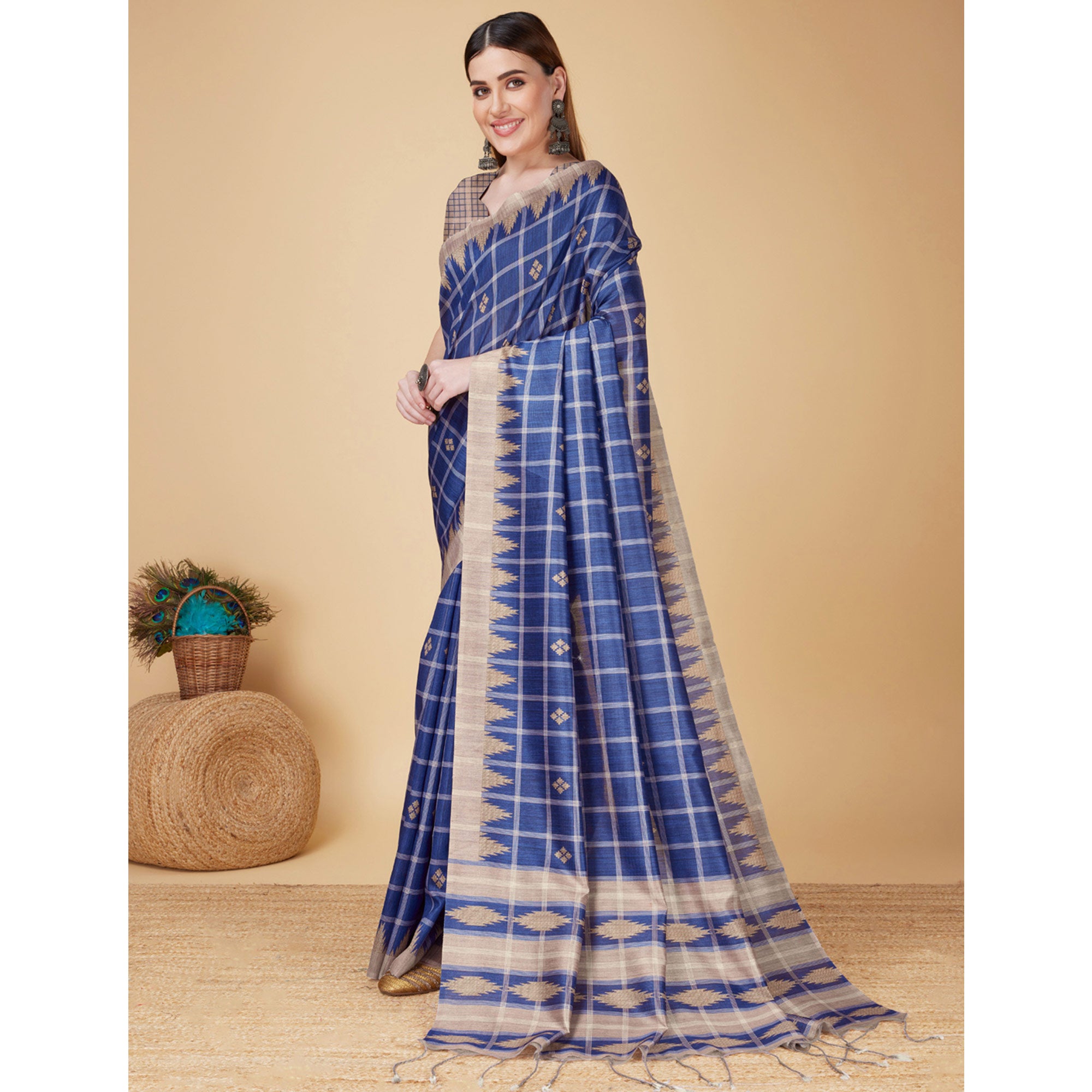 Blue Digital Printed Cotton Silk Saree With Tassels