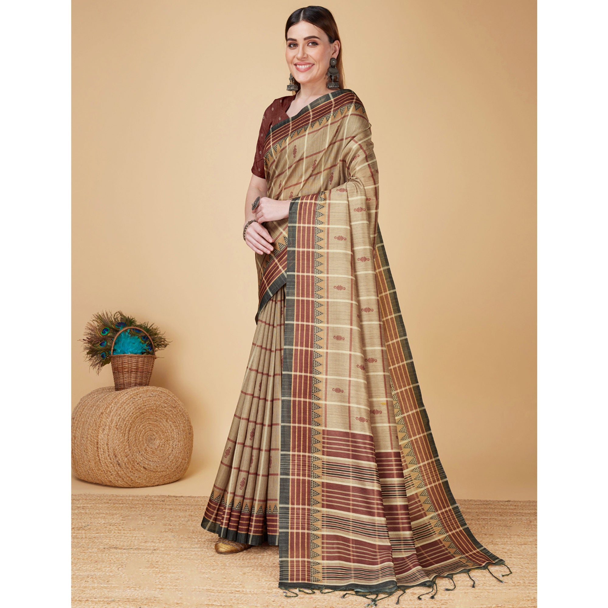 Beige Digital Printed Cotton Silk Saree With Tassels