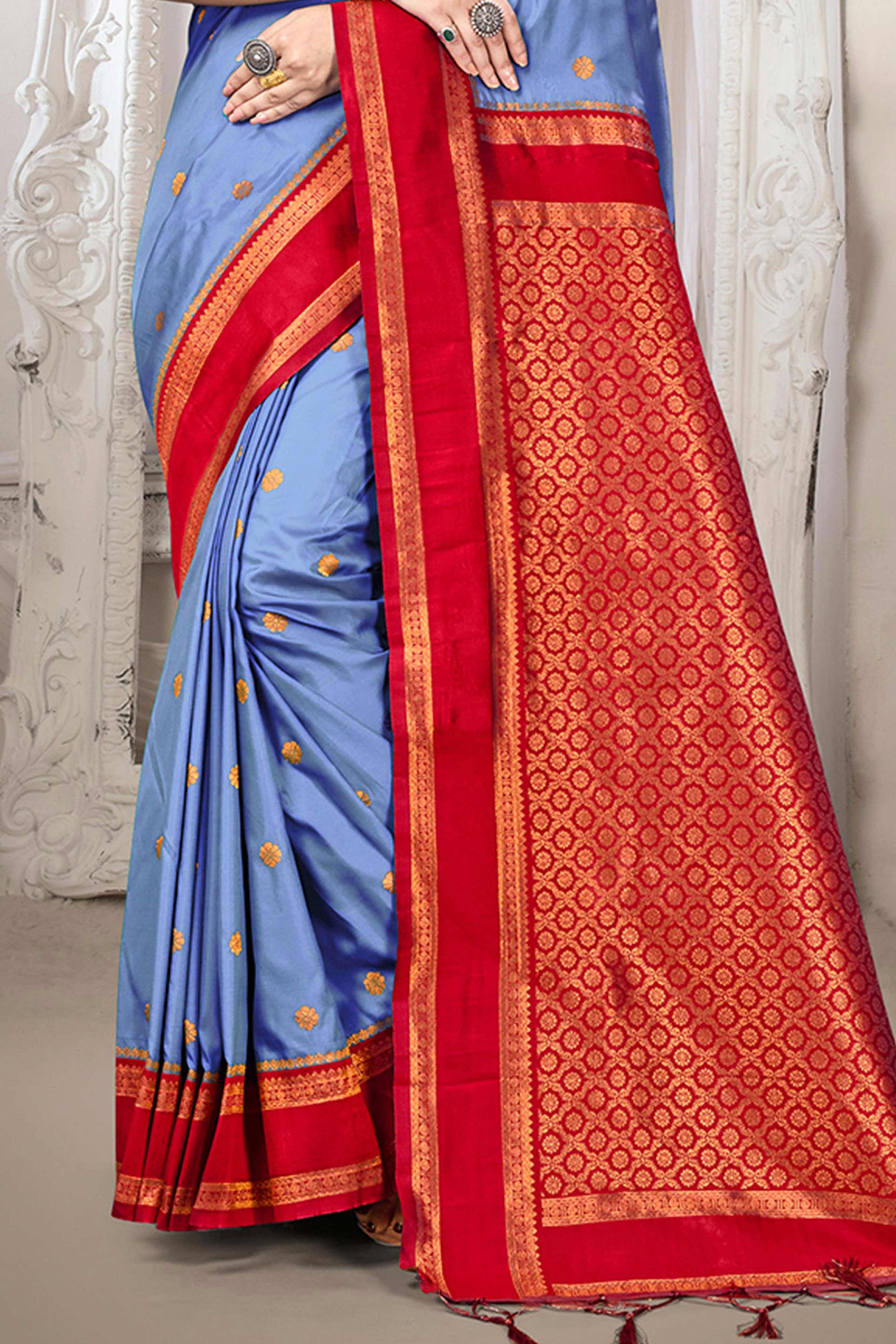 Classic Blue Floral Motif Weaving Silk Blend Saree With Tassel Pallu
