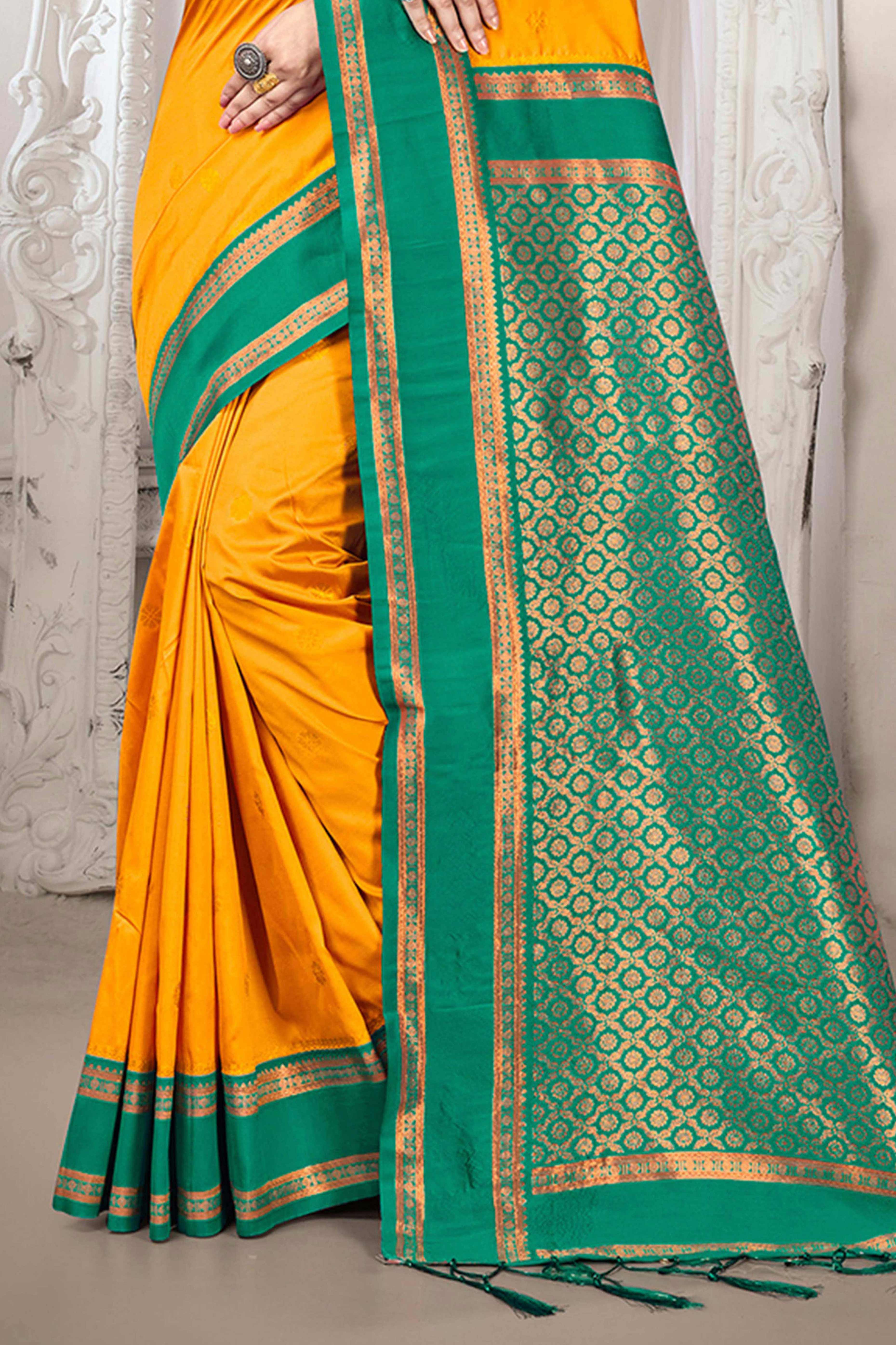 Classic Mustard Floral Motif Weaving Silk Blend Saree With Tassel Pallu