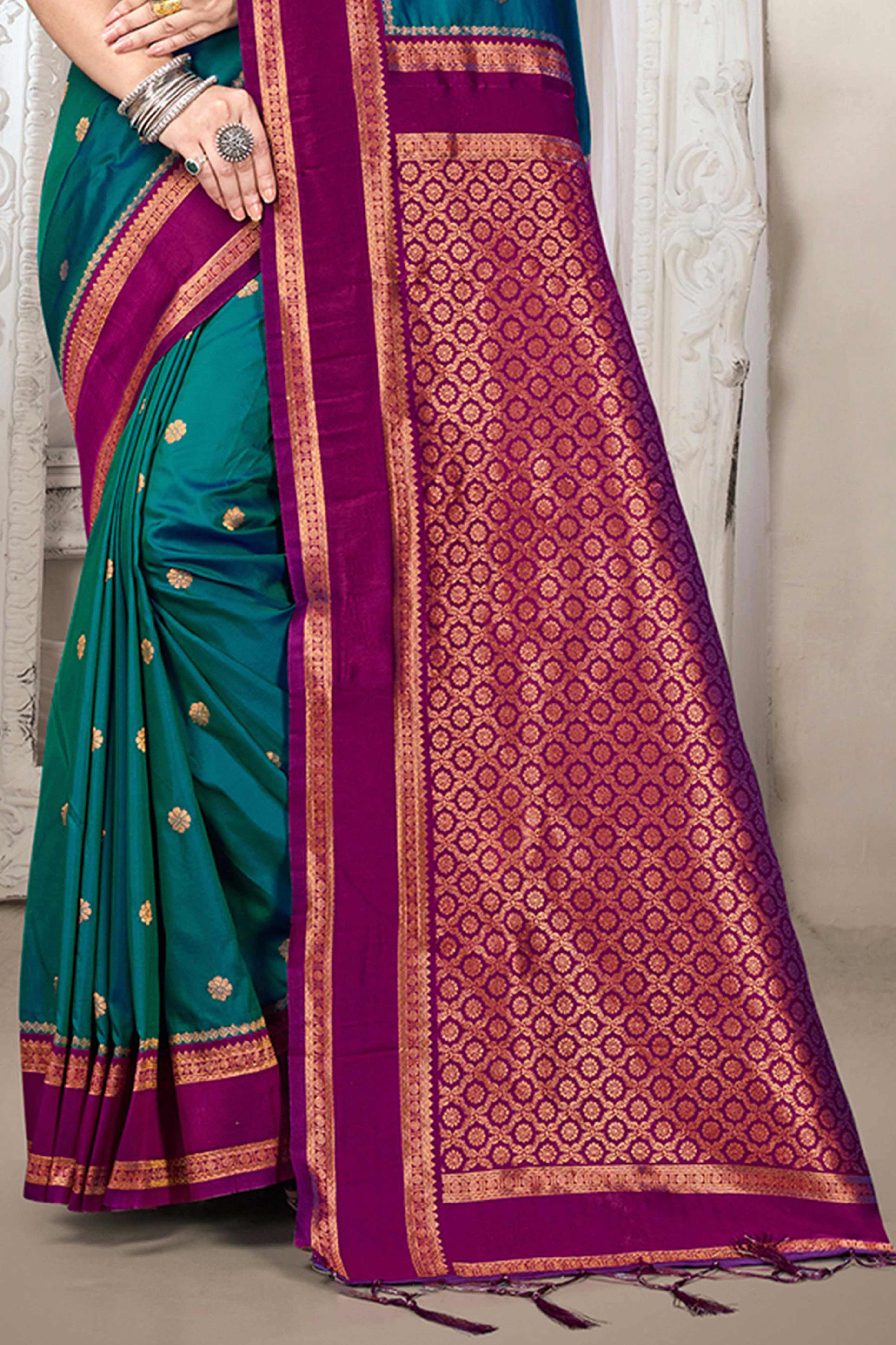 Classic Morpich Blue Floral Motif Weaving Silk Blend Saree With Tassel Pallu