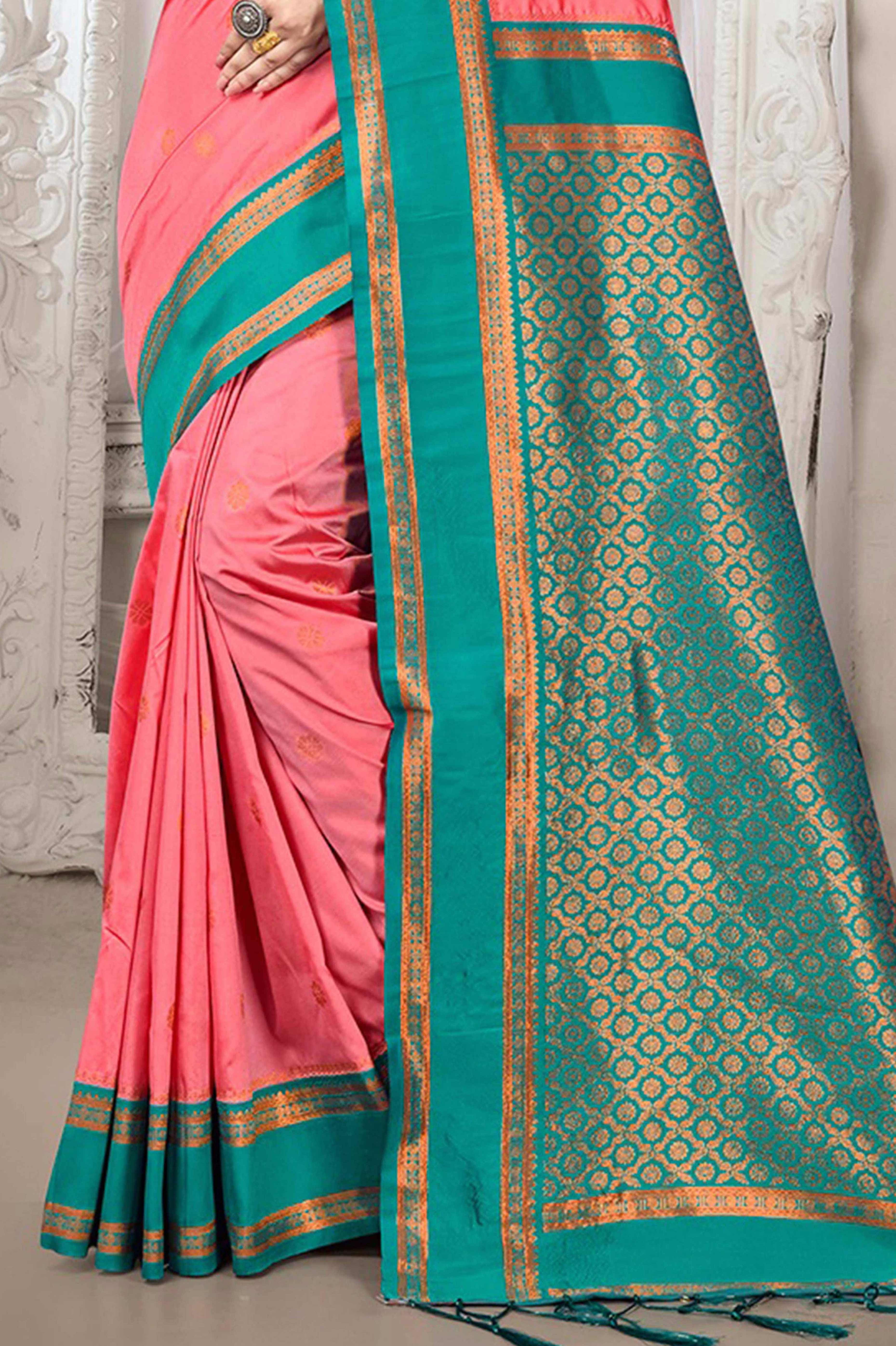 Classic Dark Peach Floral Motif Weaving Silk Blend Saree With Tassel Pallu