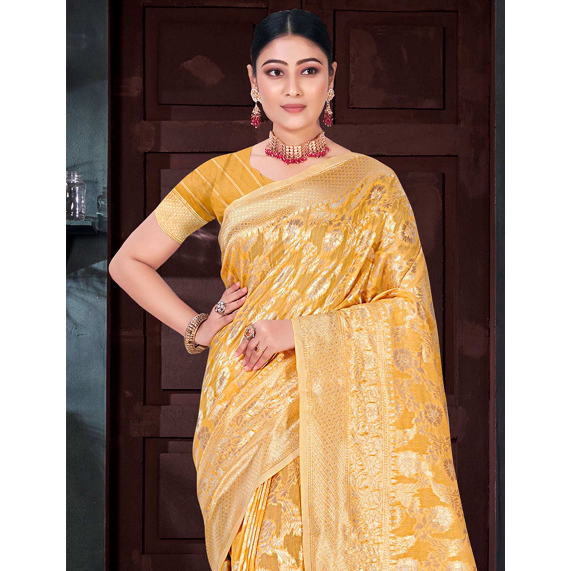 Mustard Floral Woven Cotton Blend Saree