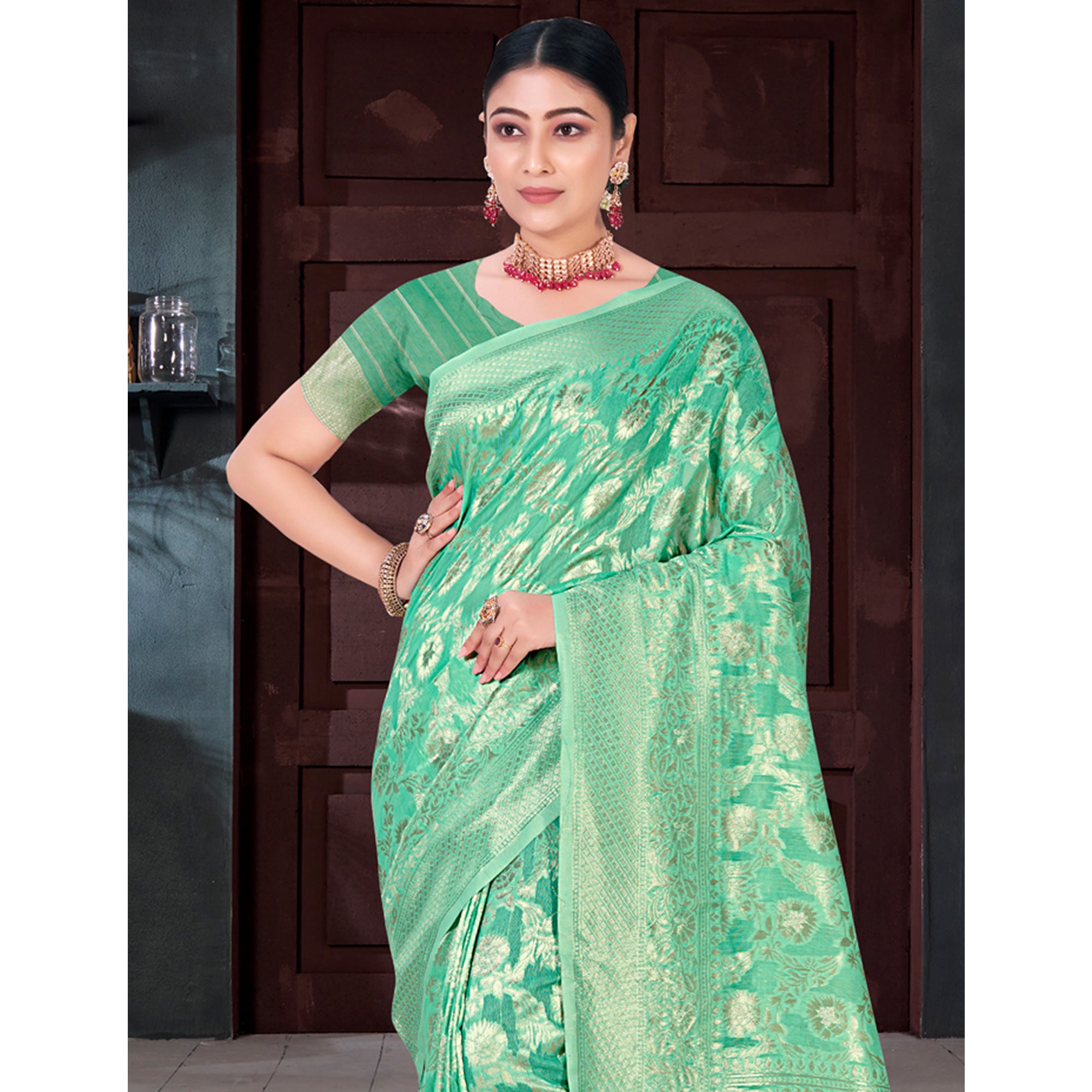 Sea Green Floral Woven Cotton Blend Saree