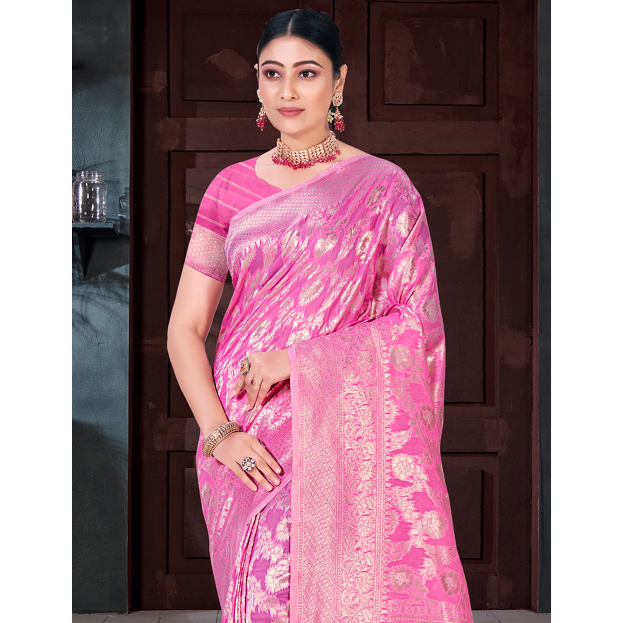 Pink Floral Woven Cotton Blend Saree