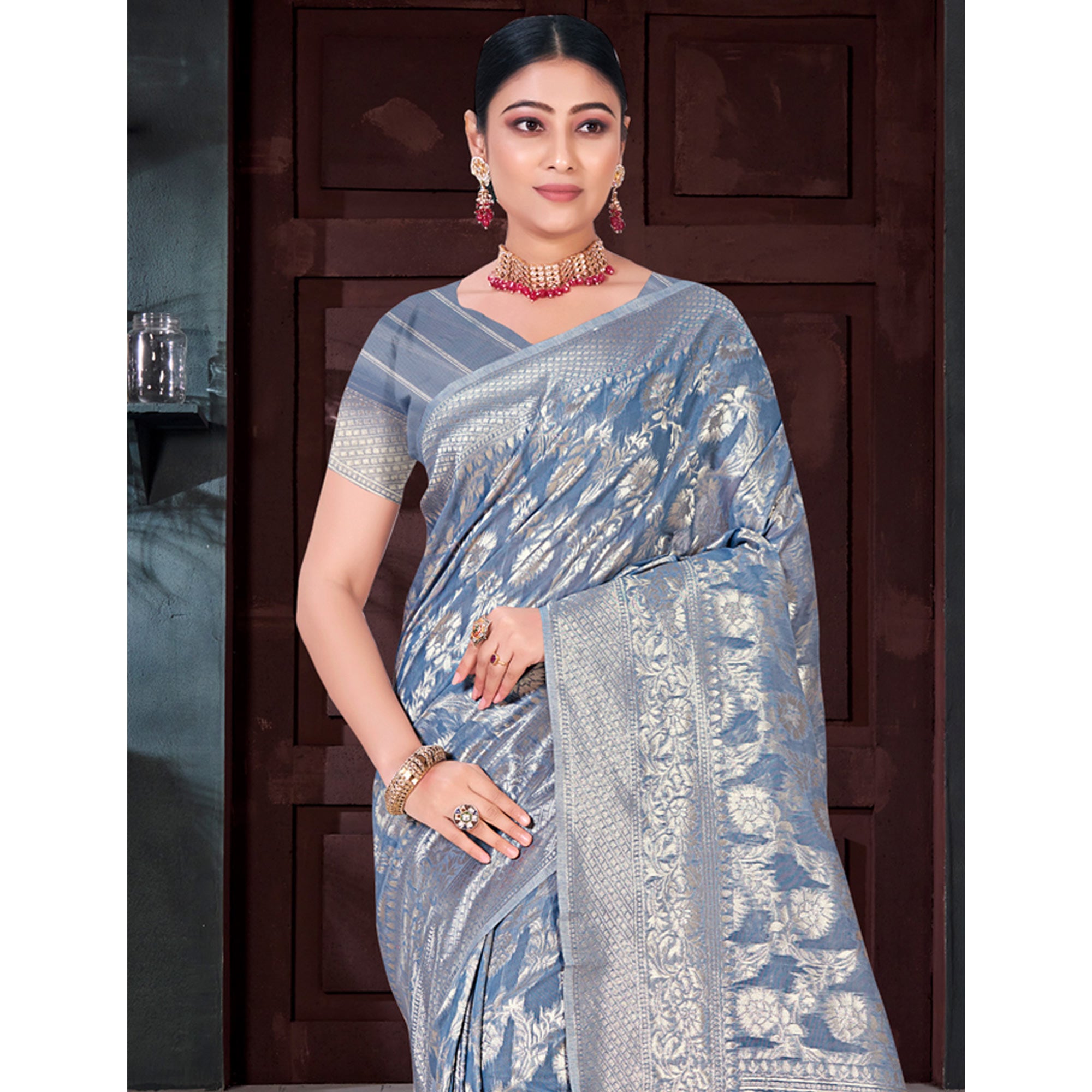 Greyish Blue Floral Woven Cotton Blend Saree