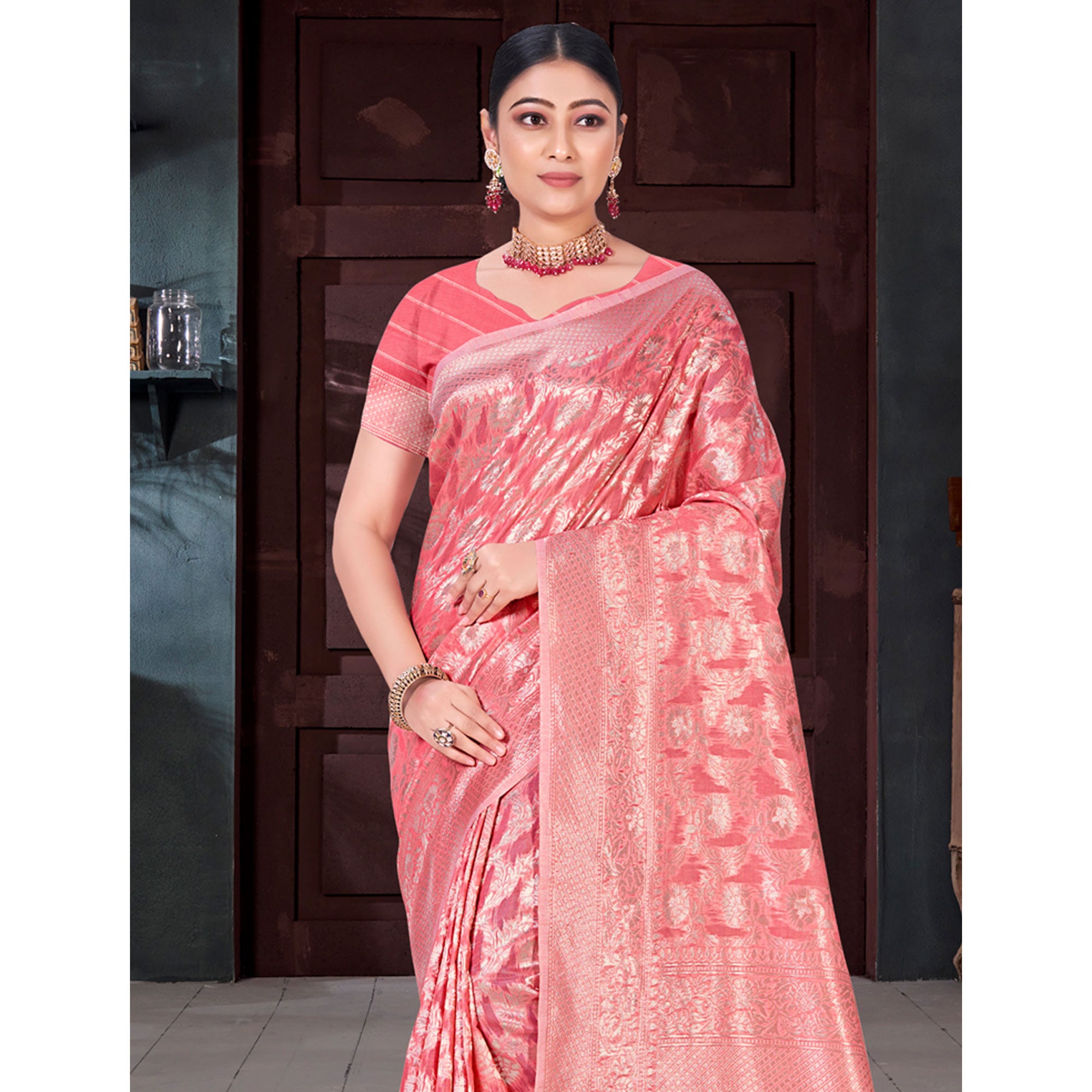 Gajari Pink Floral Woven Cotton Blend Saree