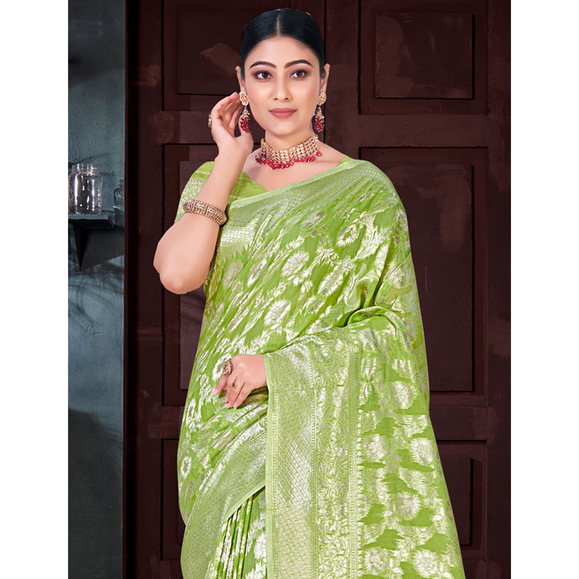 Green Floral Woven Cotton Blend Saree