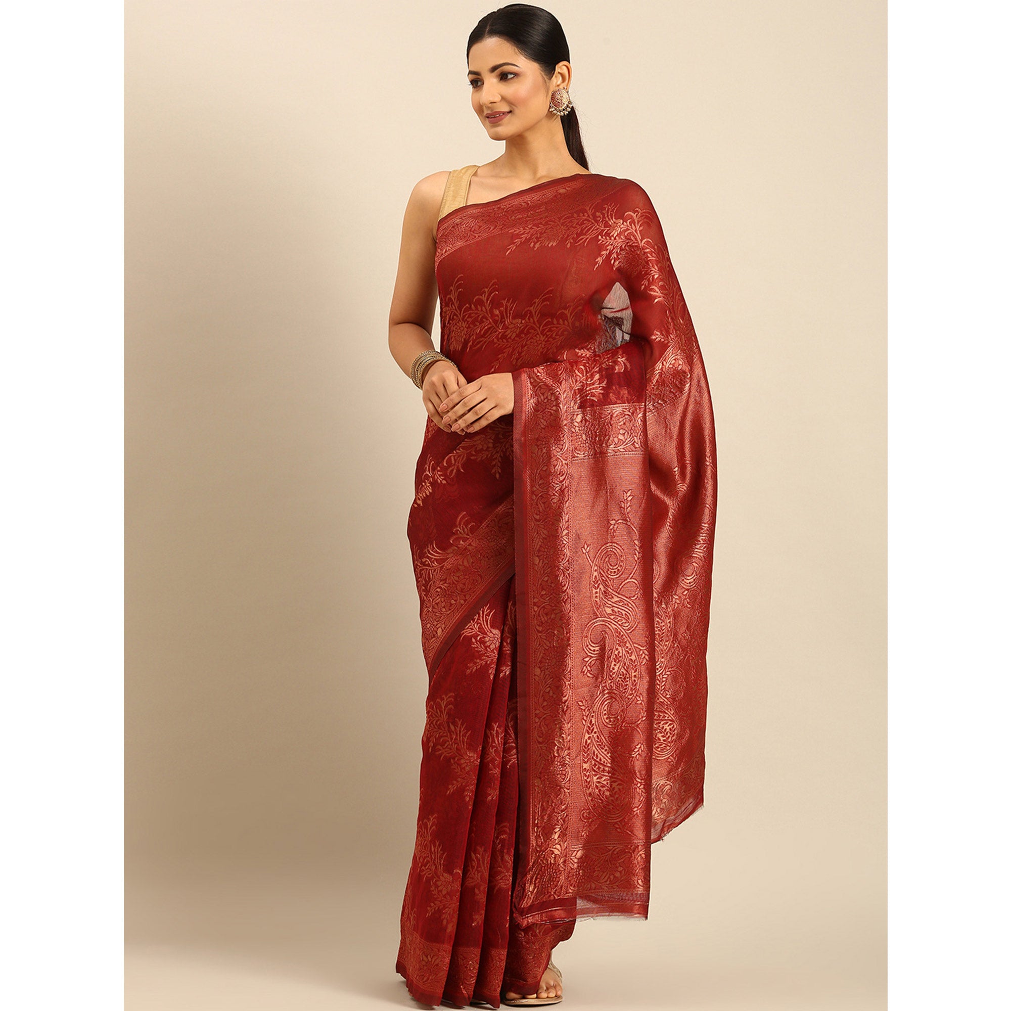 Maroon Floral Woven Cotton Silk Saree