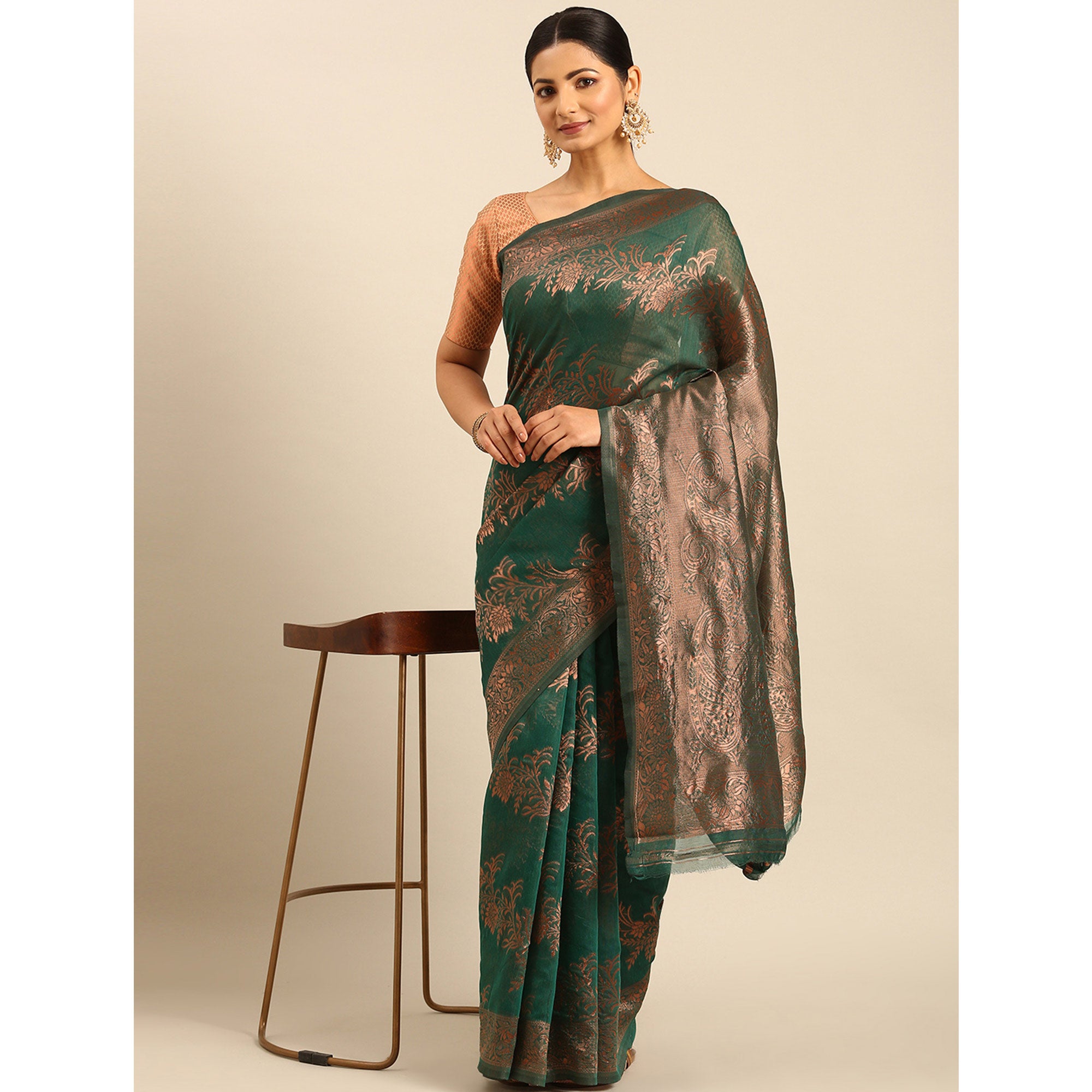 Rama Green Floral Woven Cotton Silk Saree