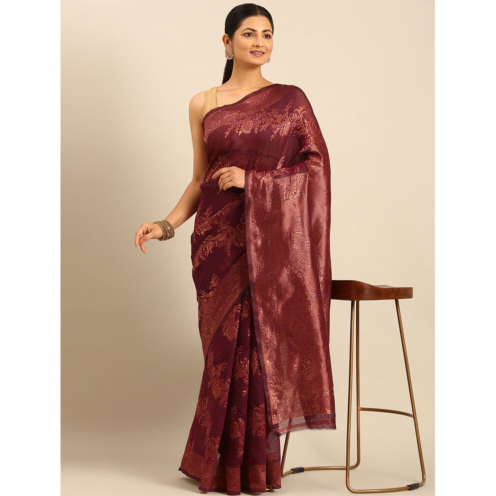 Wine Floral Woven Cotton Silk Saree