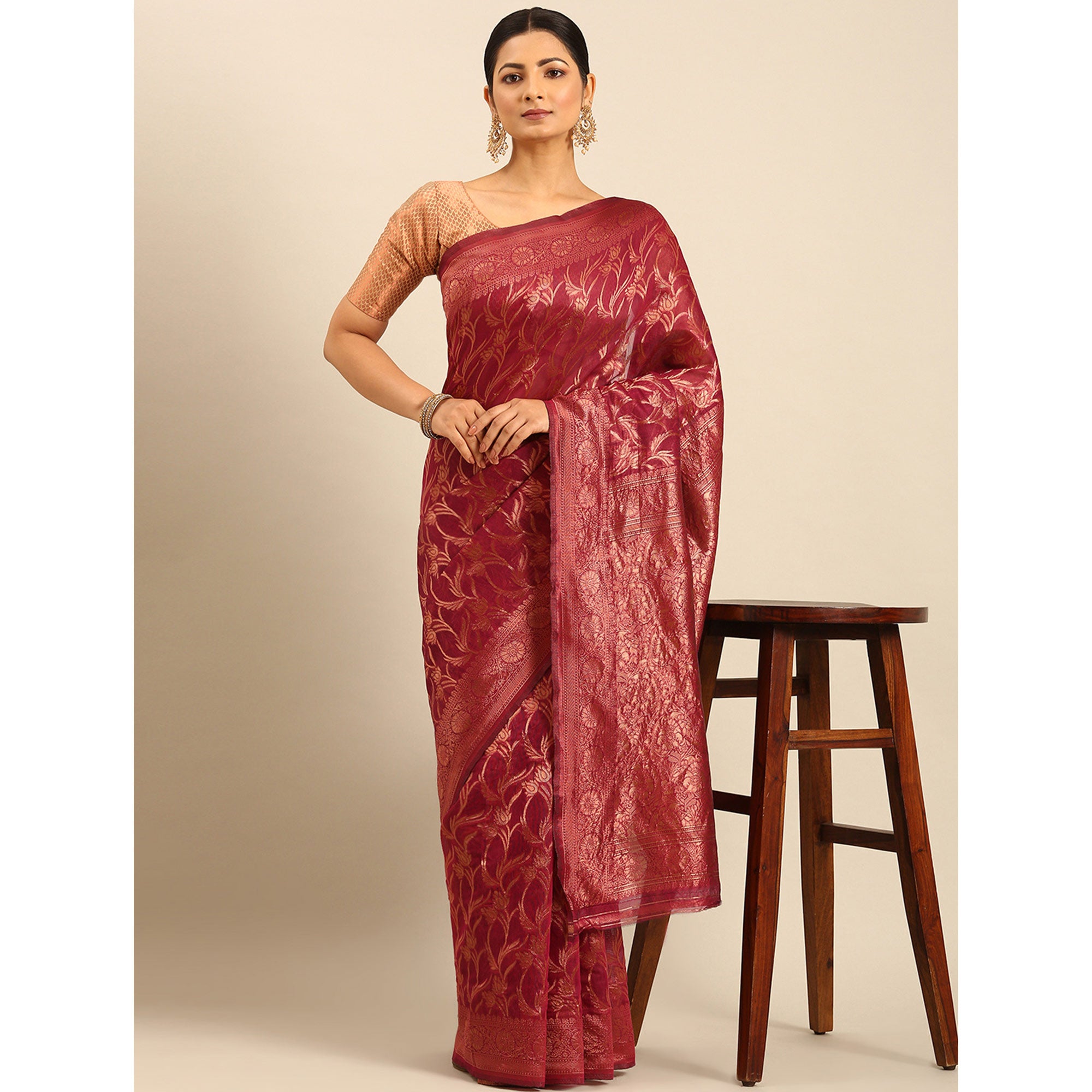 Magenta Floral Woven Cotton Silk Saree