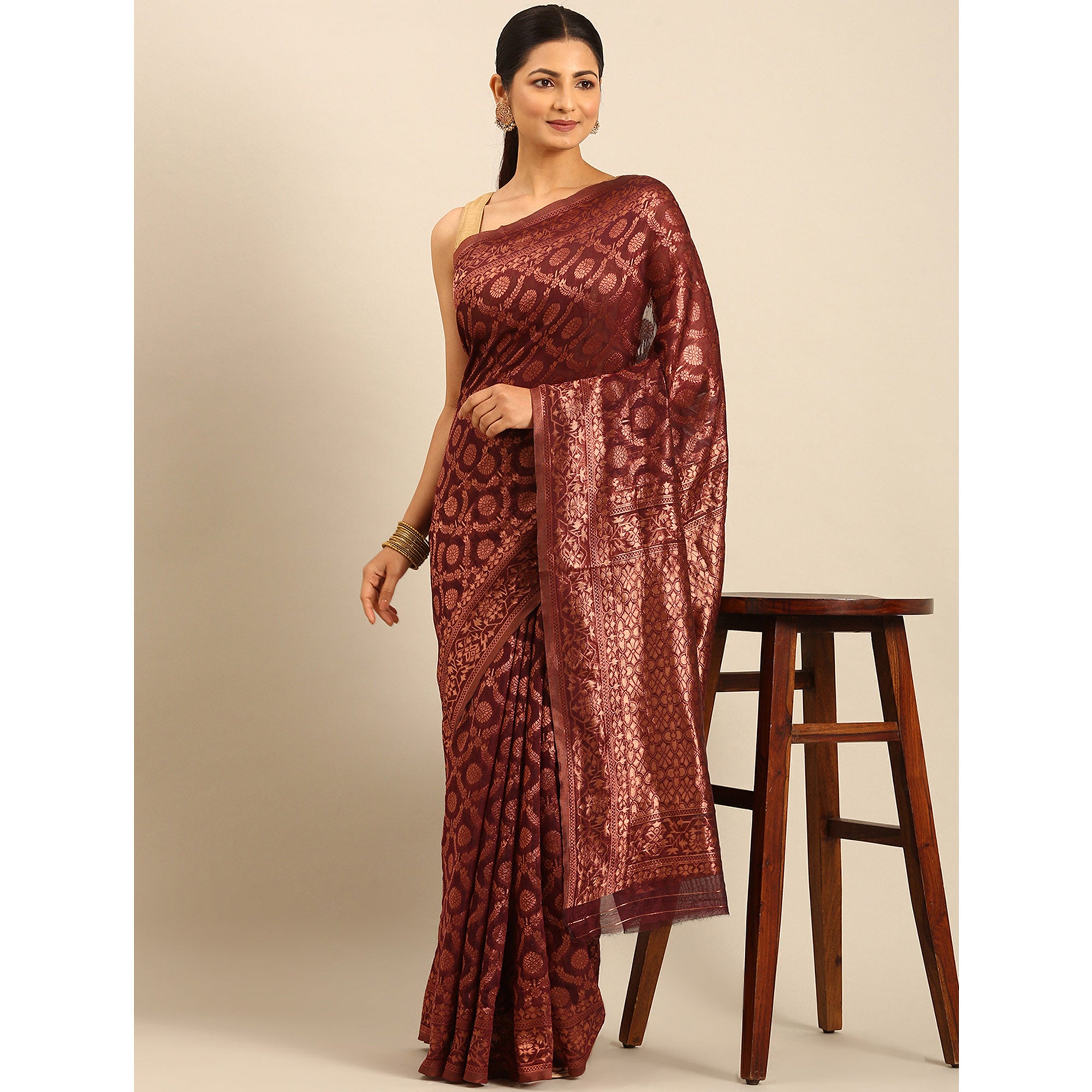 Maroon Floral Woven Cotton Silk Saree