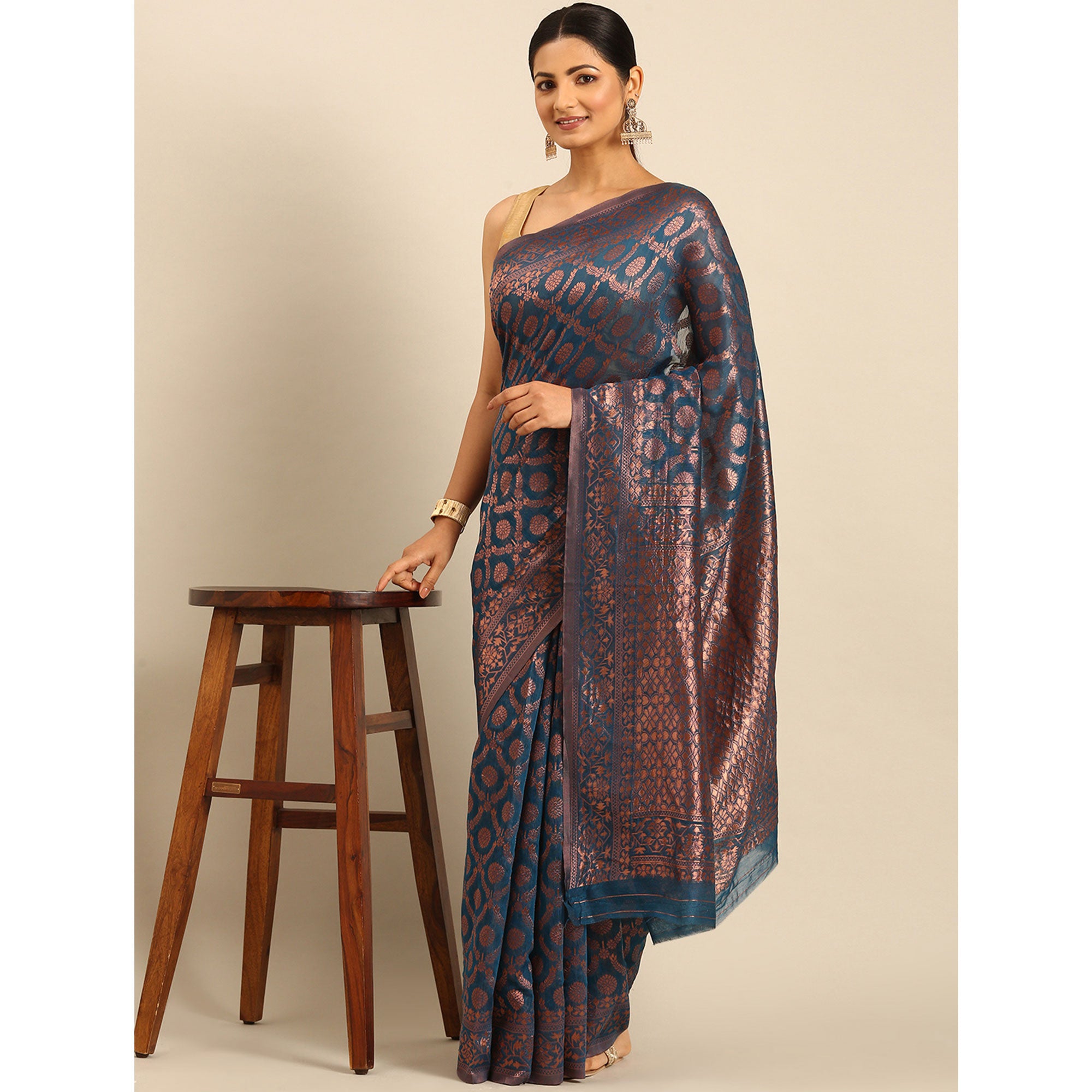 Teal Floral Woven Cotton Silk Saree