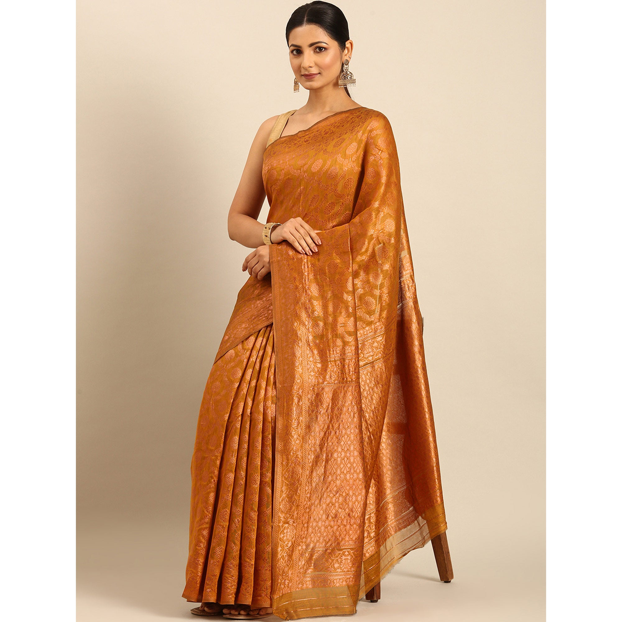 Mustard Floral Woven Cotton Silk Saree
