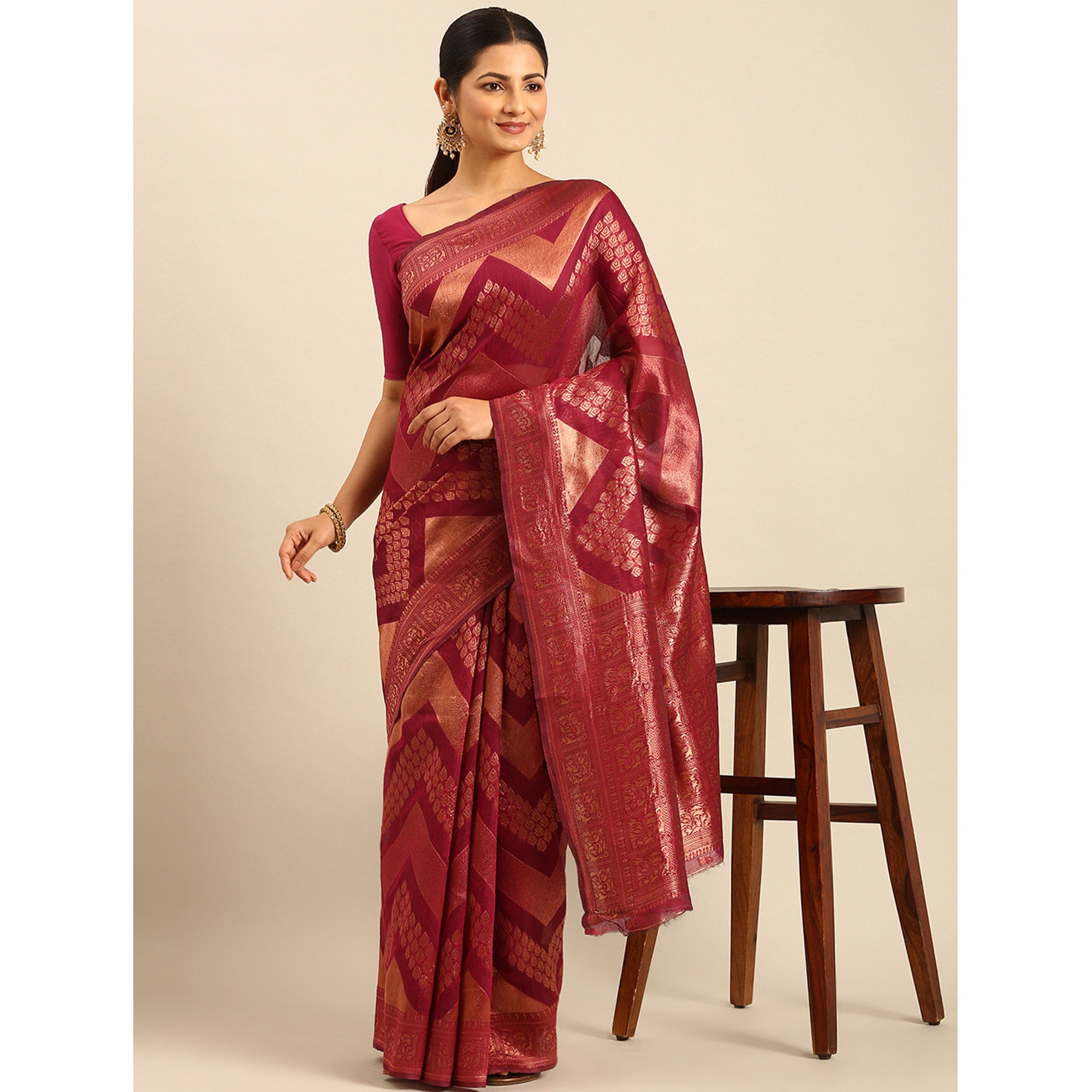 Magenta Floral Woven Cotton Silk Saree