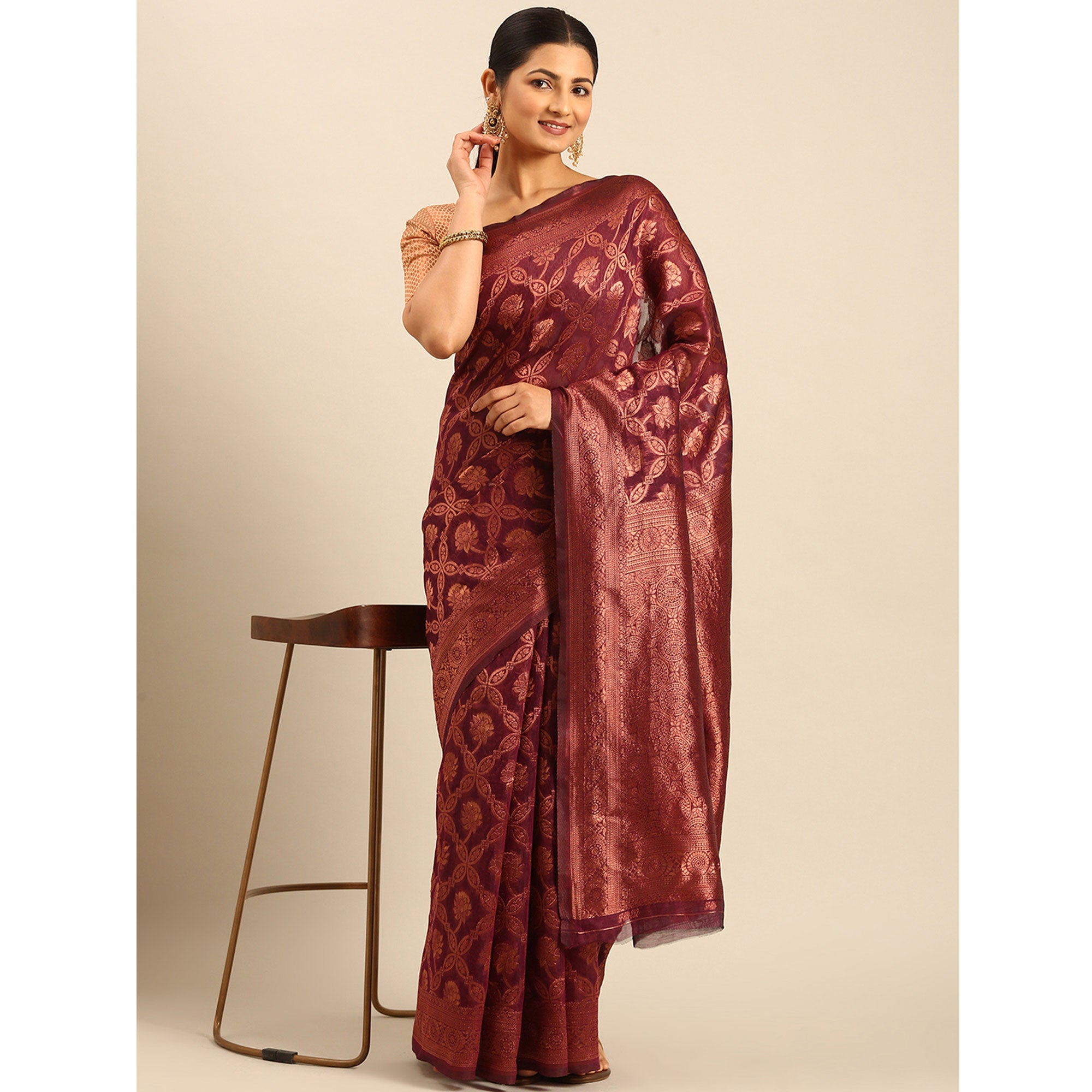 Wine Floral Woven Cotton Silk Saree