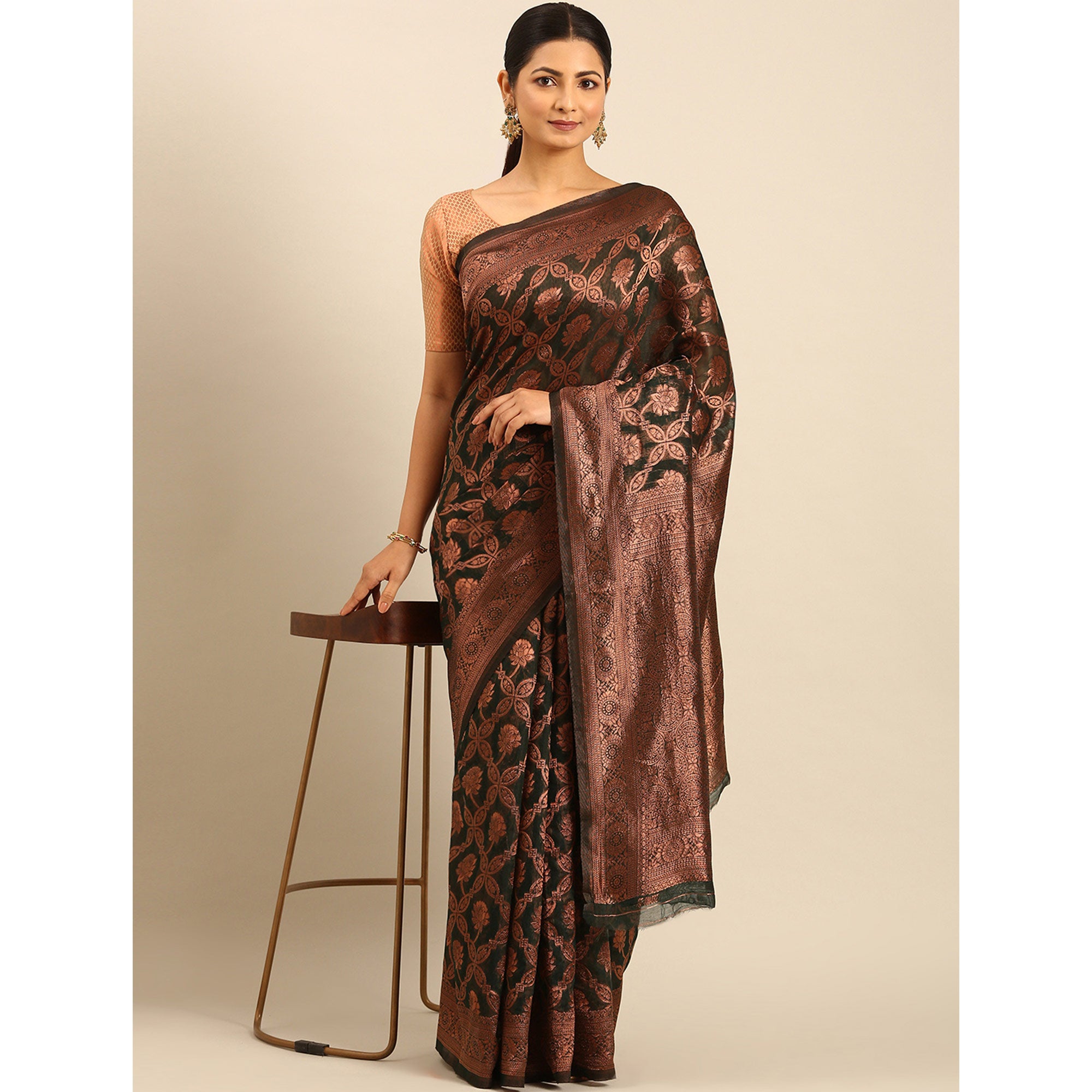 Green Floral Woven Cotton Silk Saree