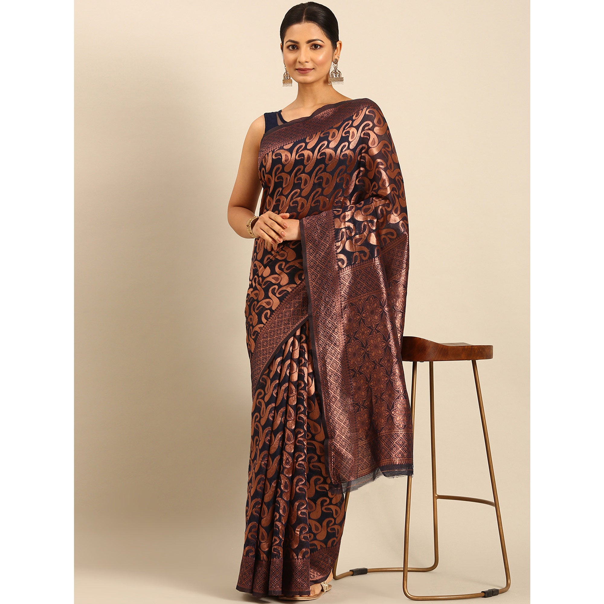 Dark Navy Blue Floral Woven Cotton Silk Saree