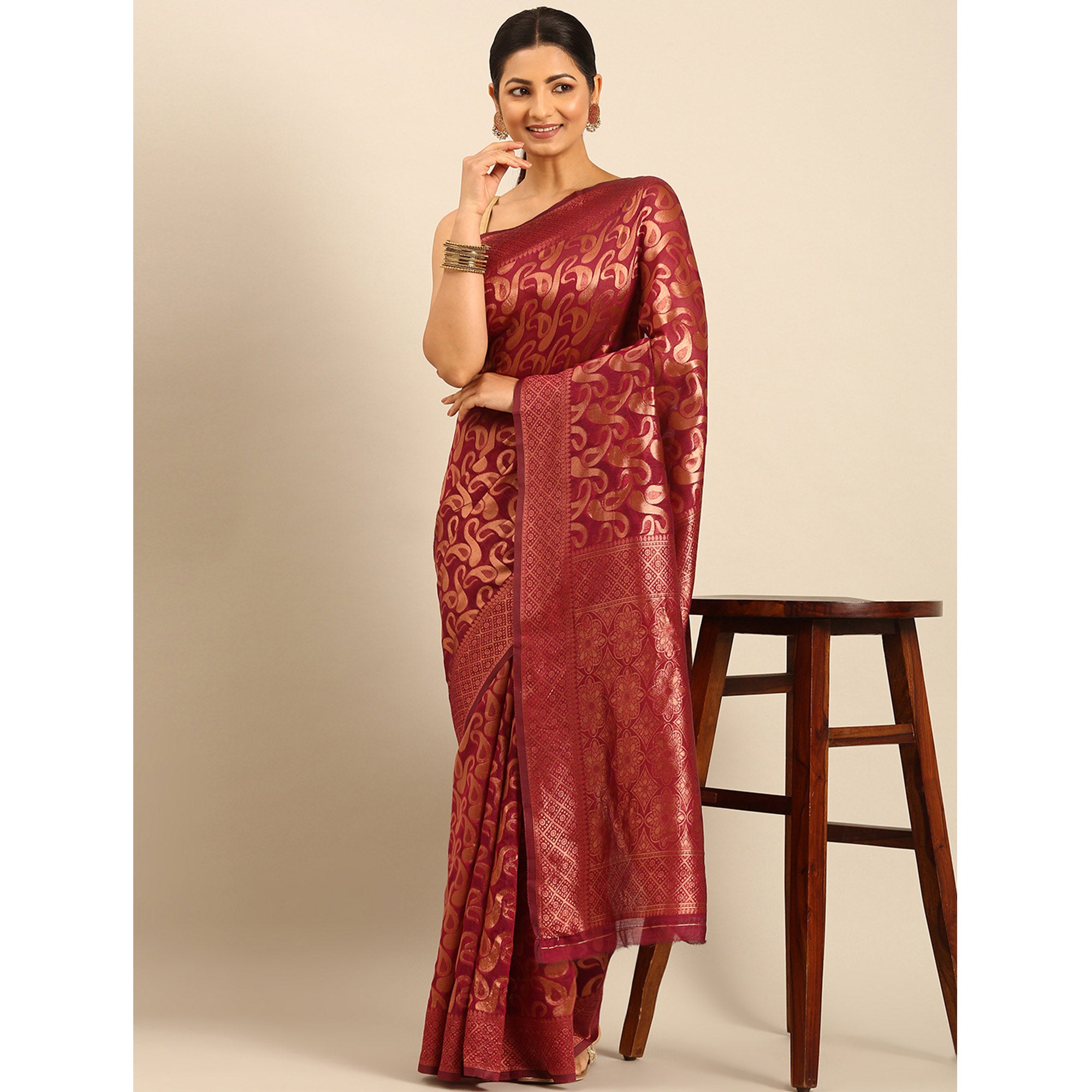 Magenta Floral Woven Cotton Silk Saree