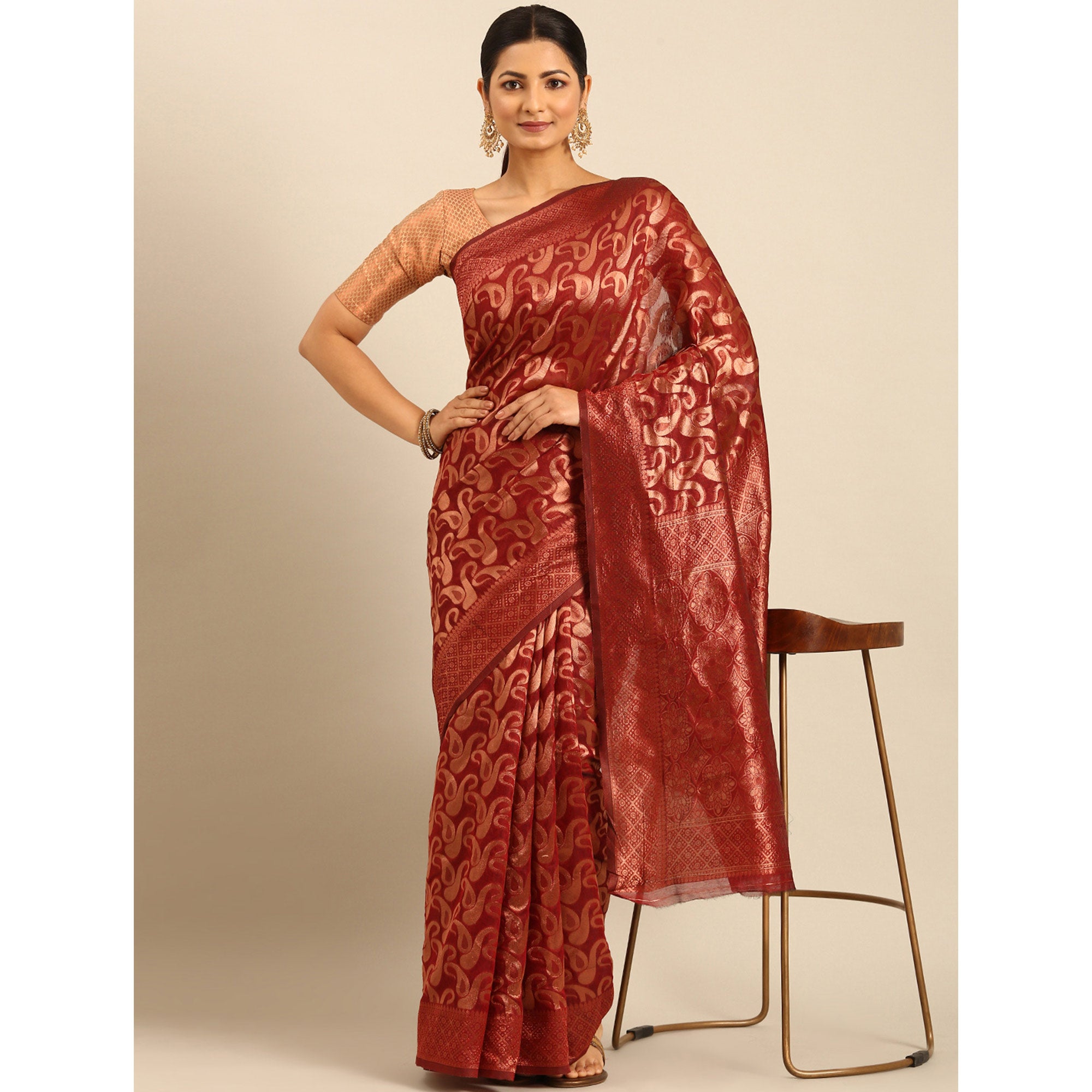 Maroon Floral Woven Cotton Silk Saree