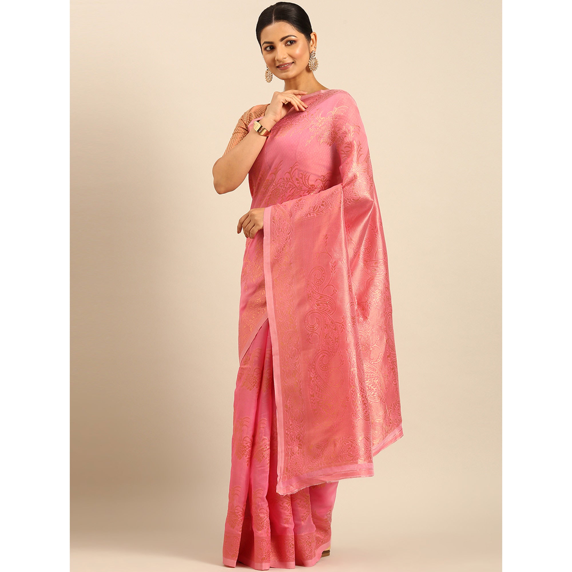 Pink Floral Woven Cotton Silk Saree