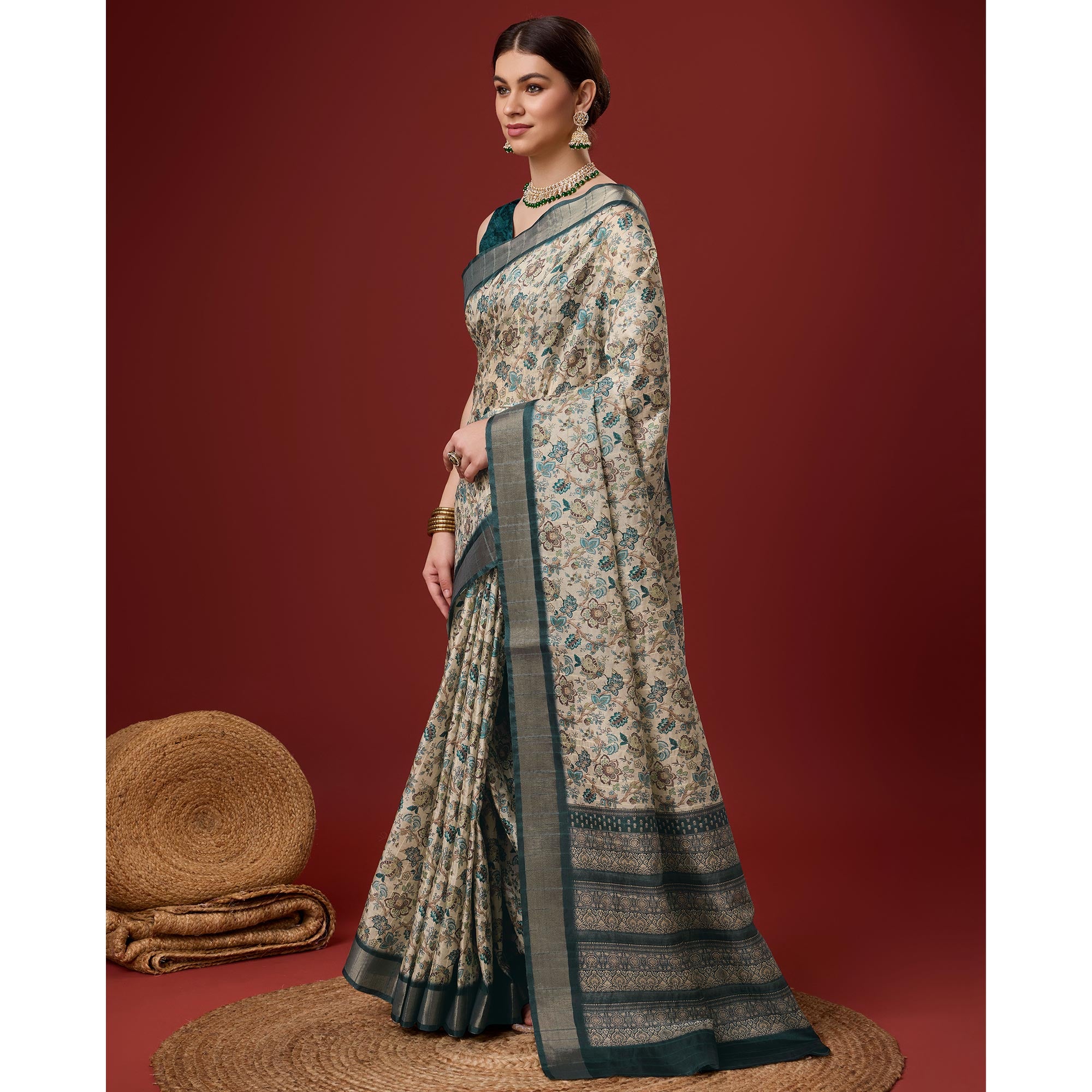 Dusty Cream Digital Printed Cotton Silk Saree