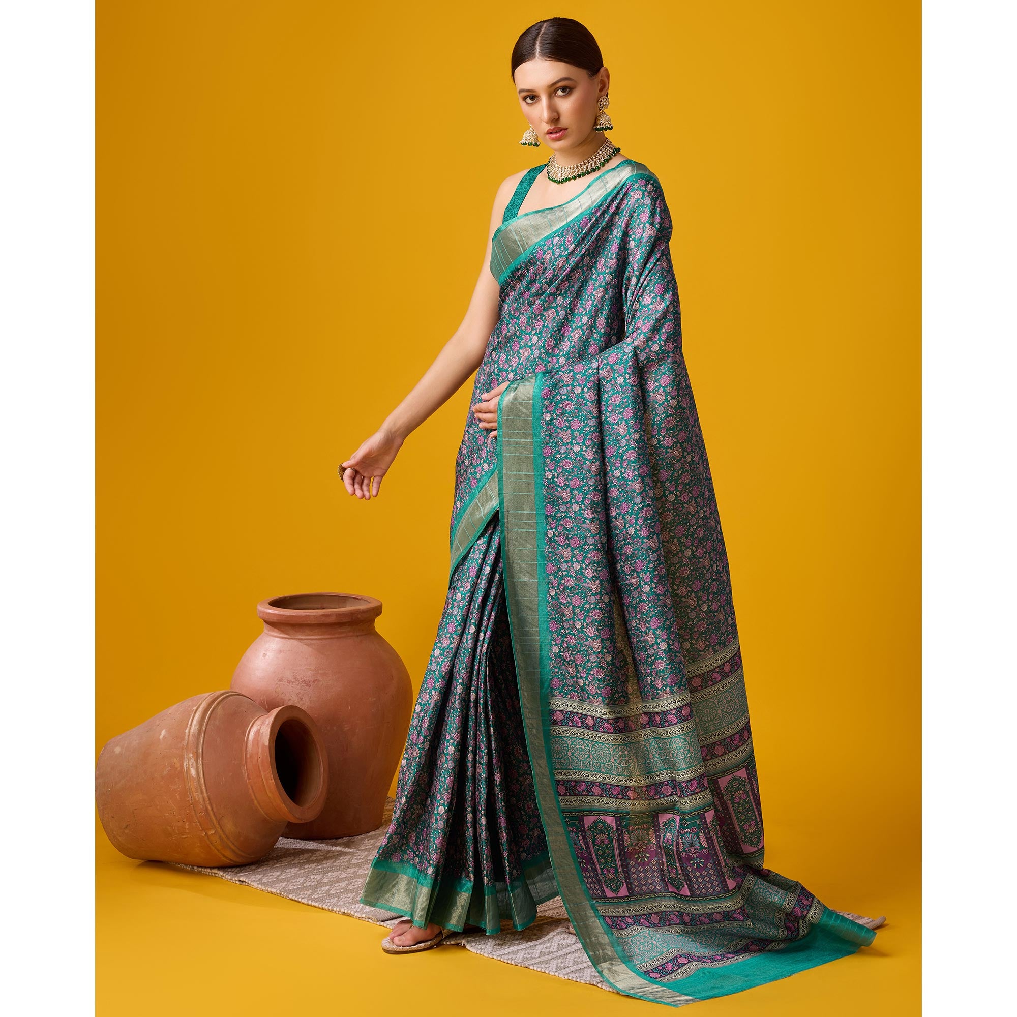 Rama Green Digital Printed Cotton Silk Saree