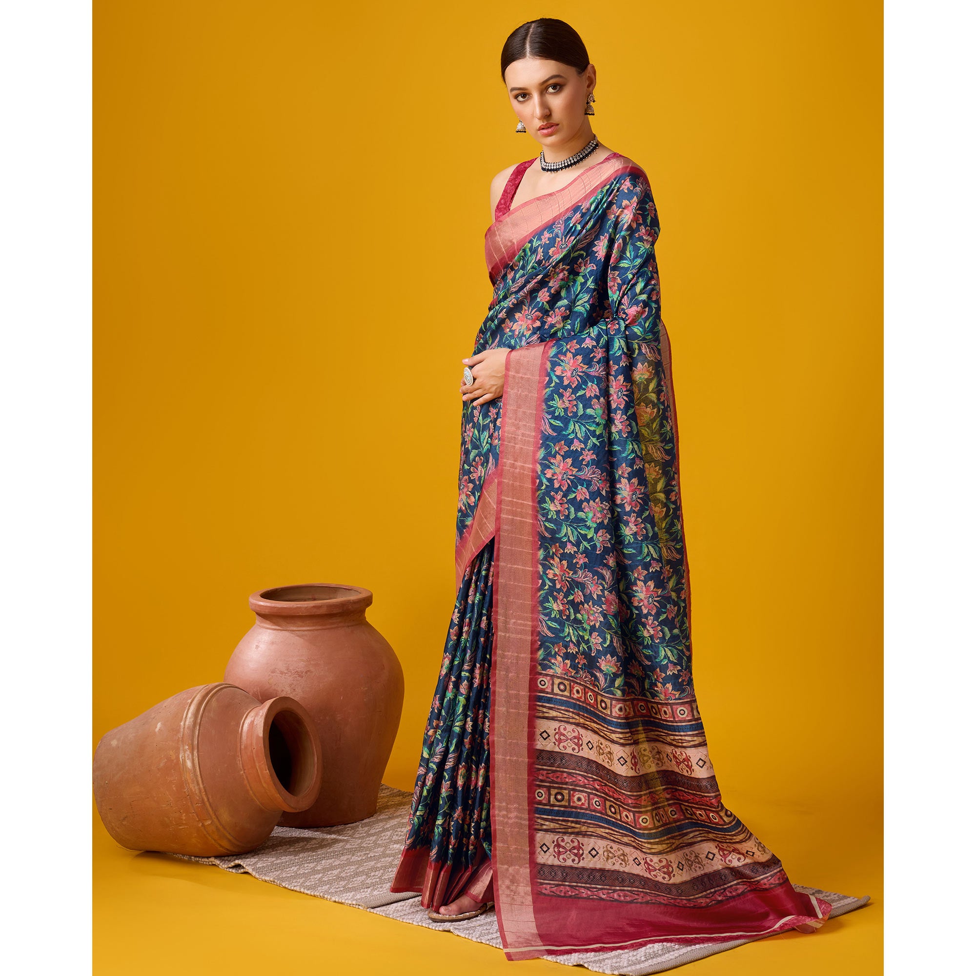 Navy Blue Digital Printed Cotton Silk Saree