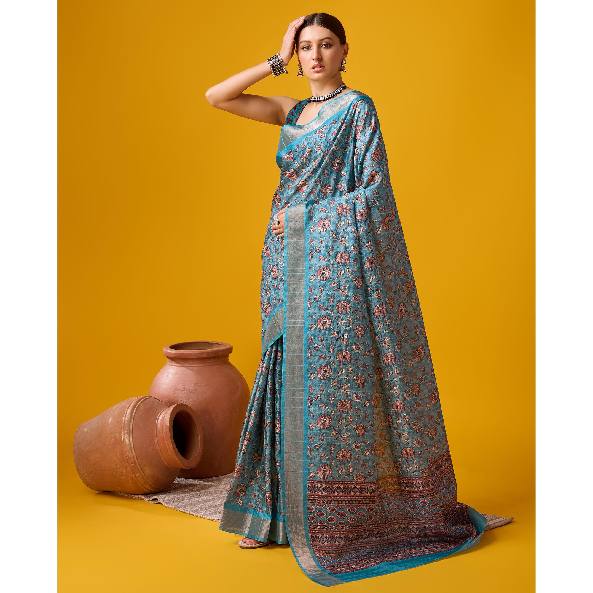 Sky Blue Digital Printed Cotton Silk Saree