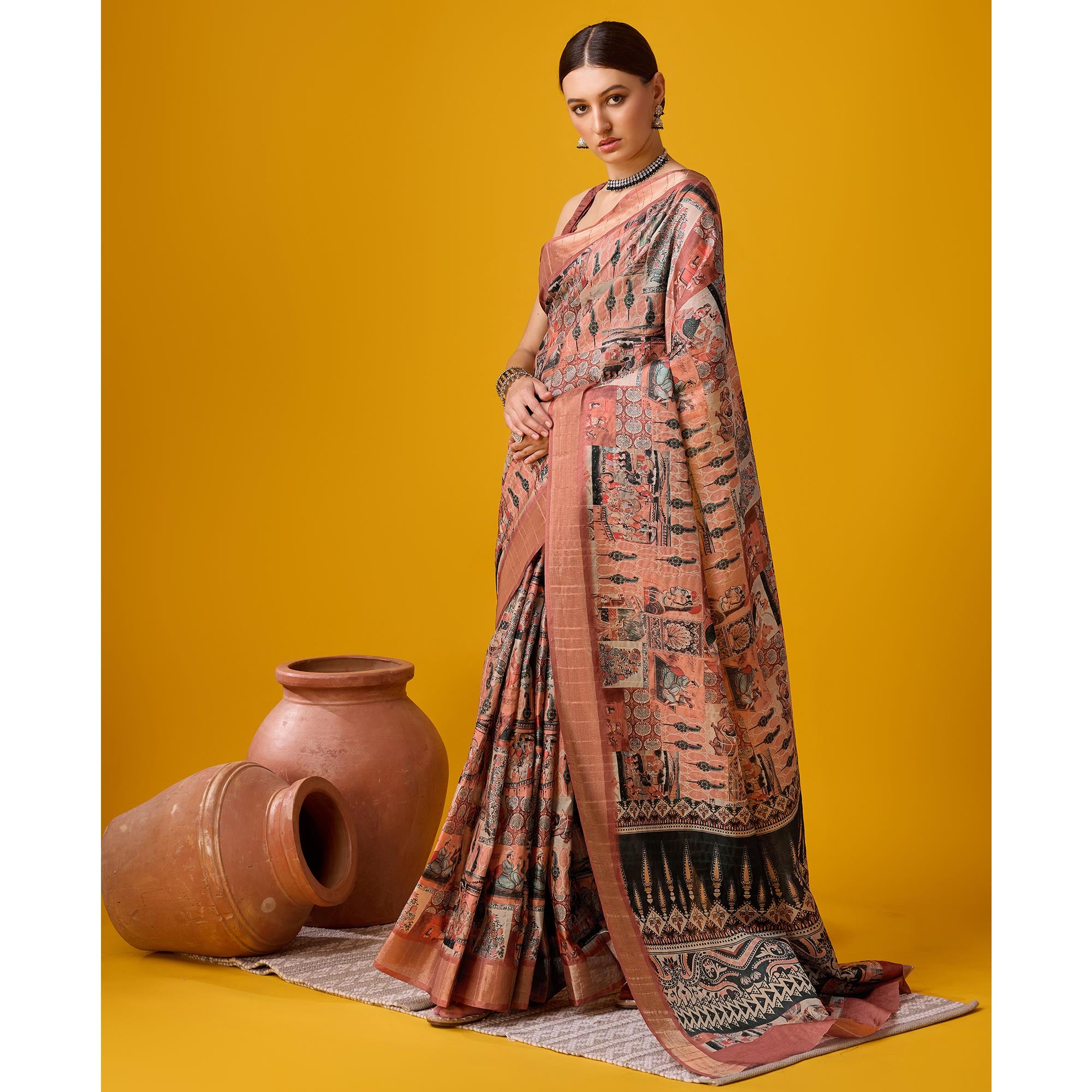 Peach Digital Printed Cotton Silk Saree