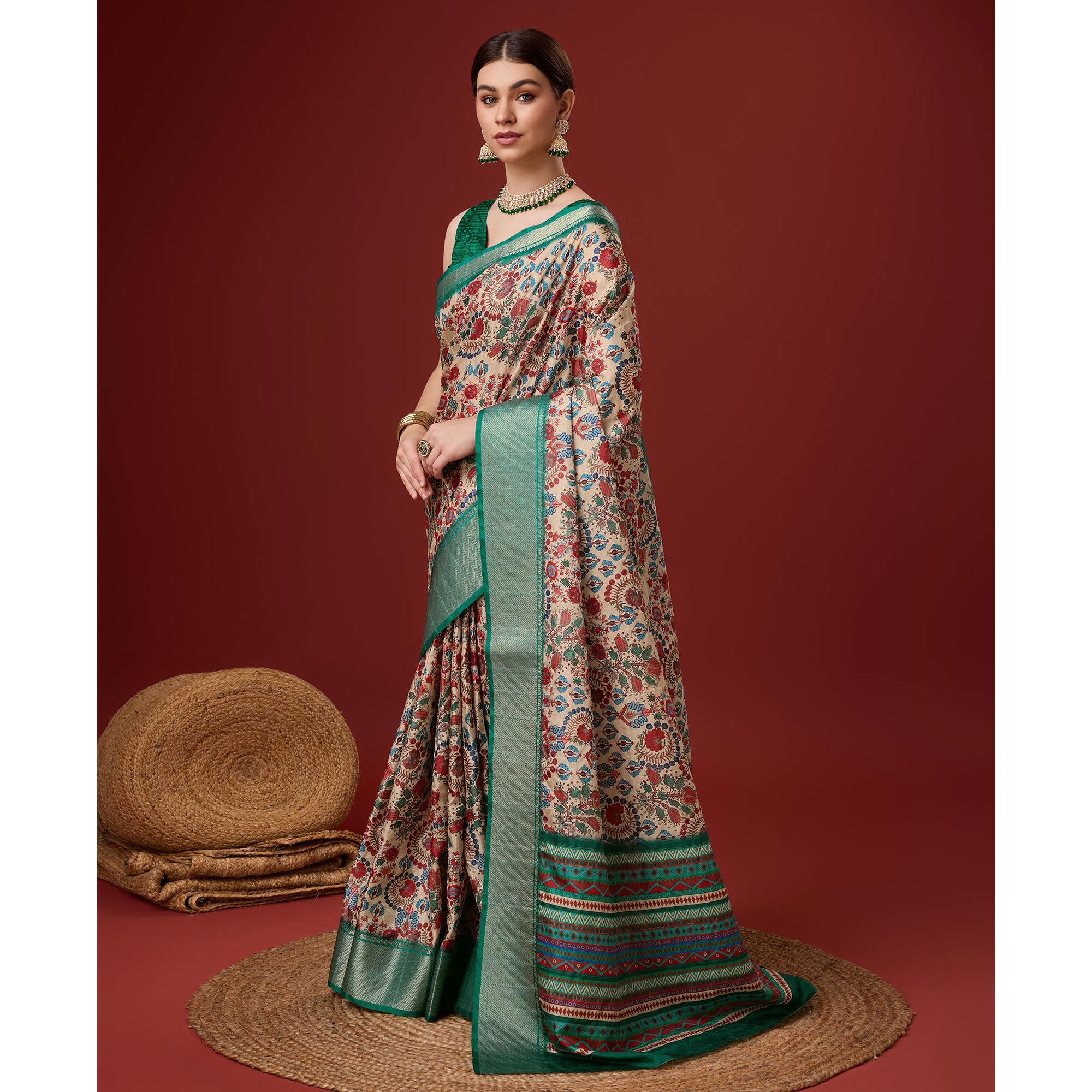 Beige Digital Printed Cotton Silk Saree With Border