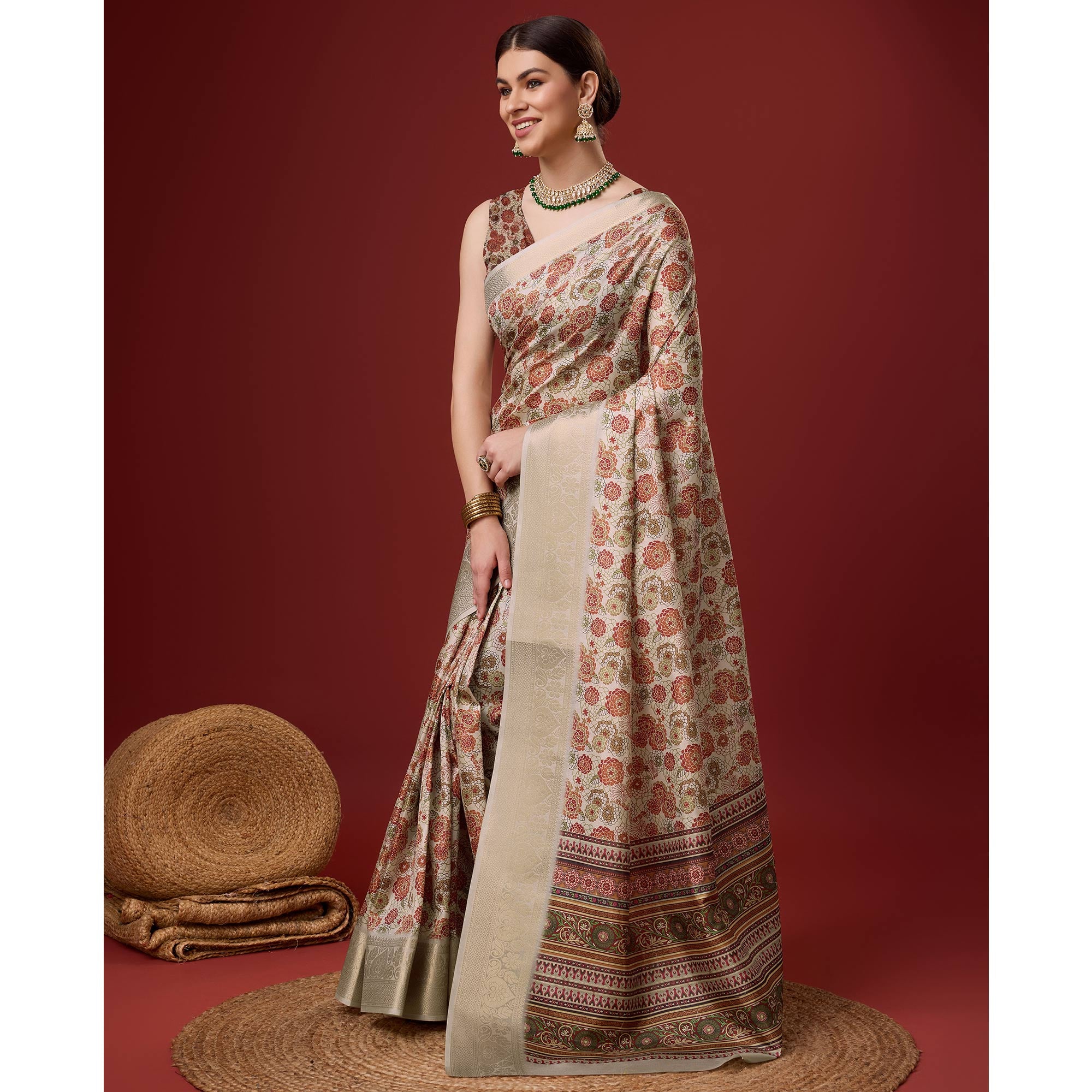 Beige Digital Printed Cotton Silk Saree With Border