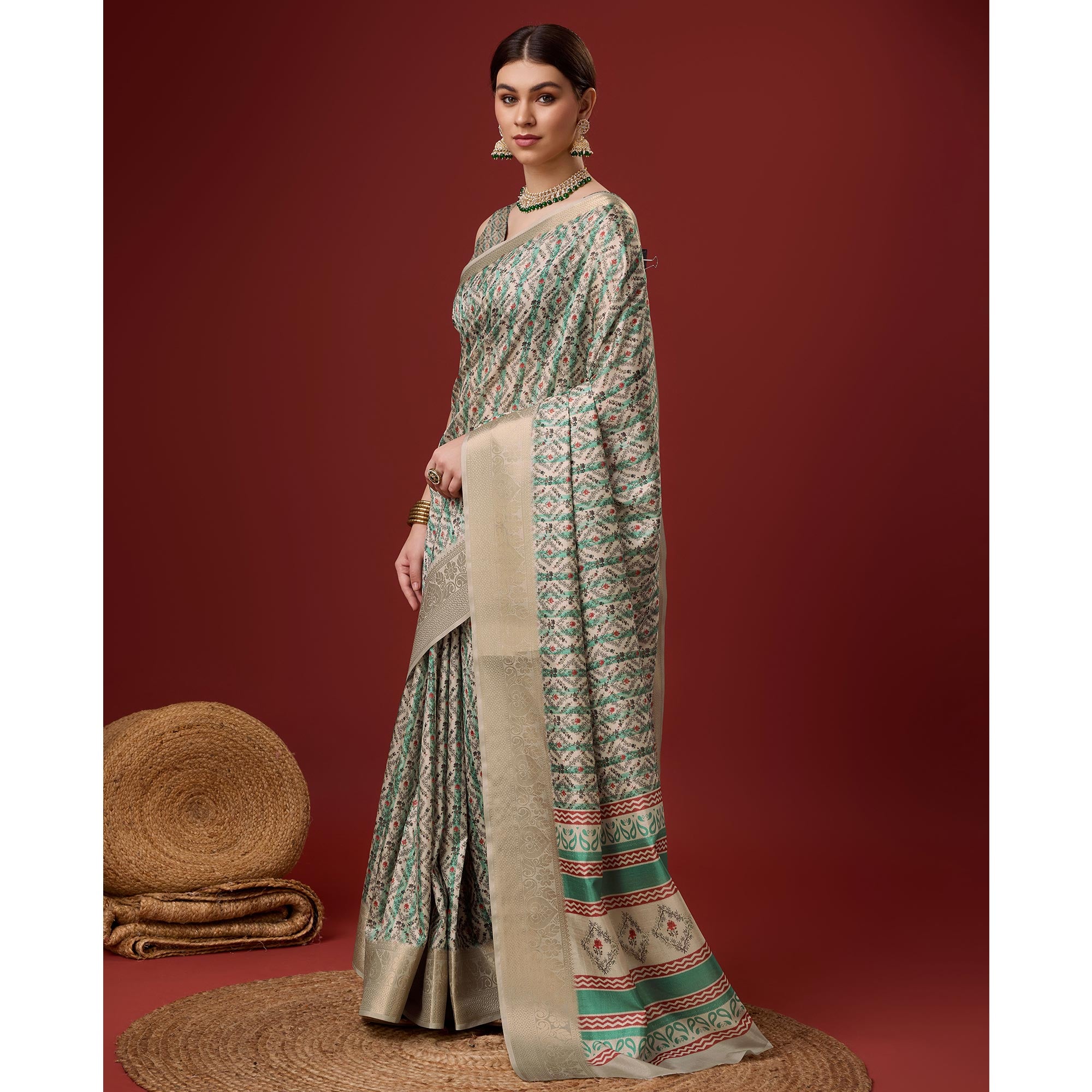 Beige Digital Printed Cotton Silk Saree With Border
