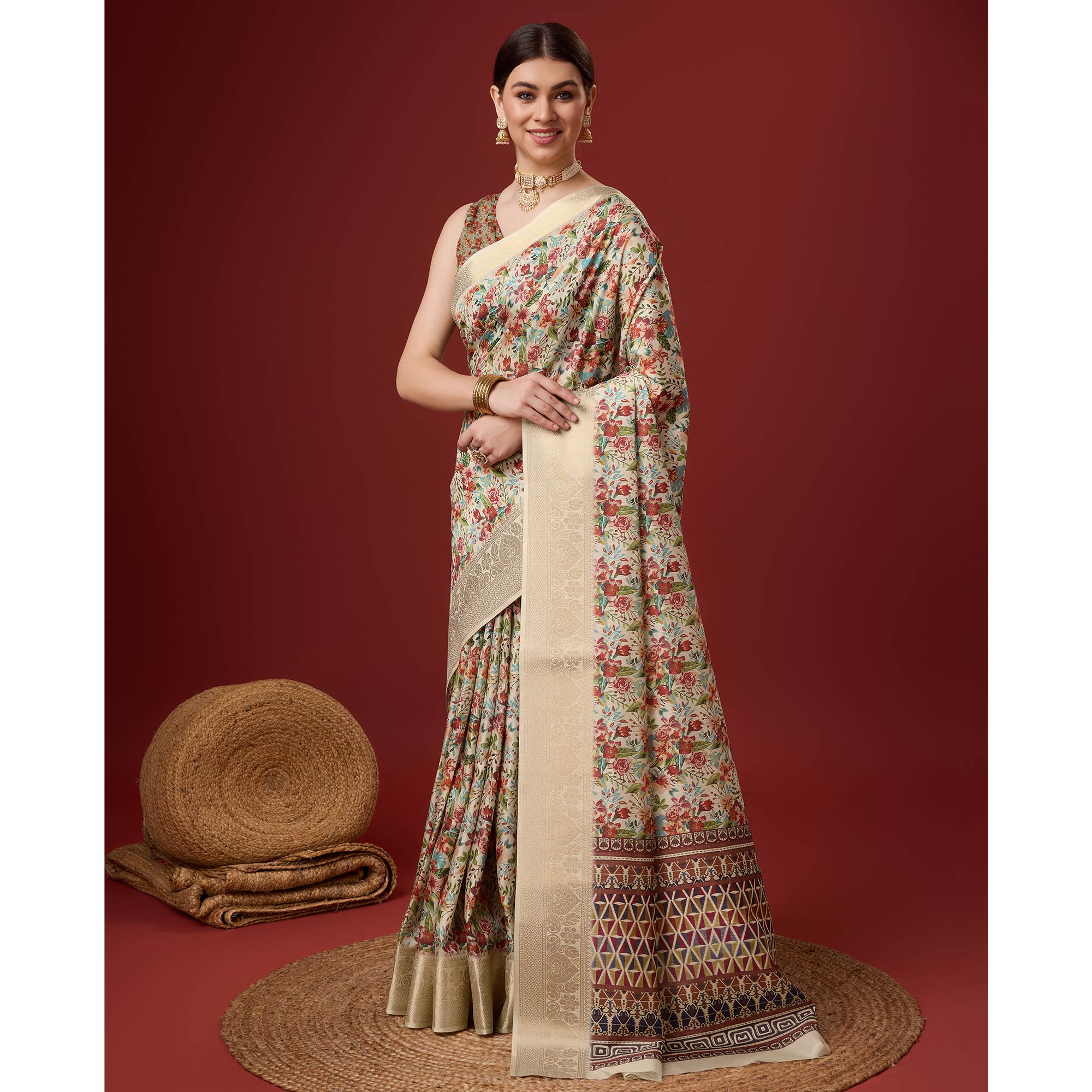 Beige Digital Printed Cotton Silk Saree With Border