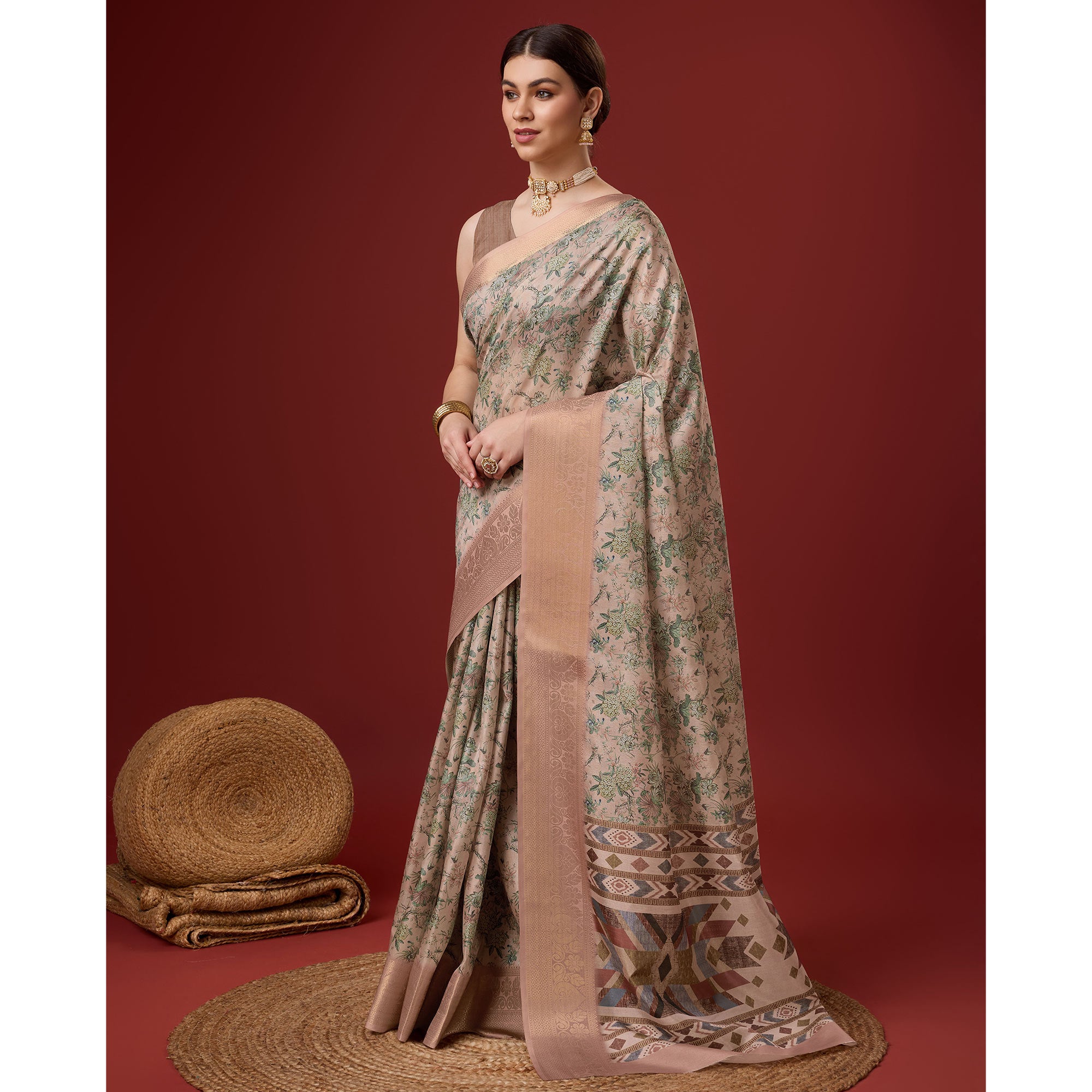 Beige Digital Printed Cotton Silk Saree With Border