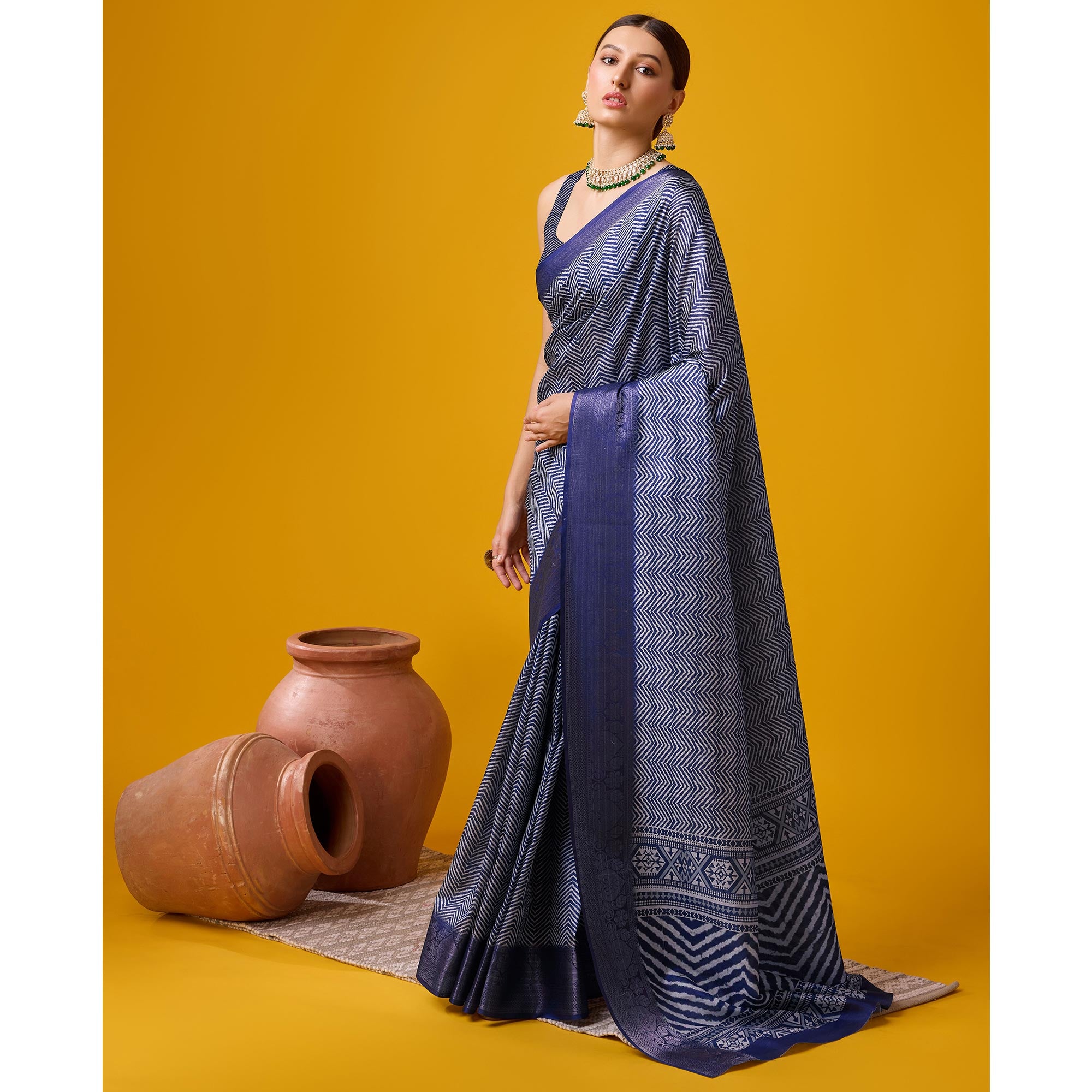 Blue Digital Printed Cotton Silk Saree With Border