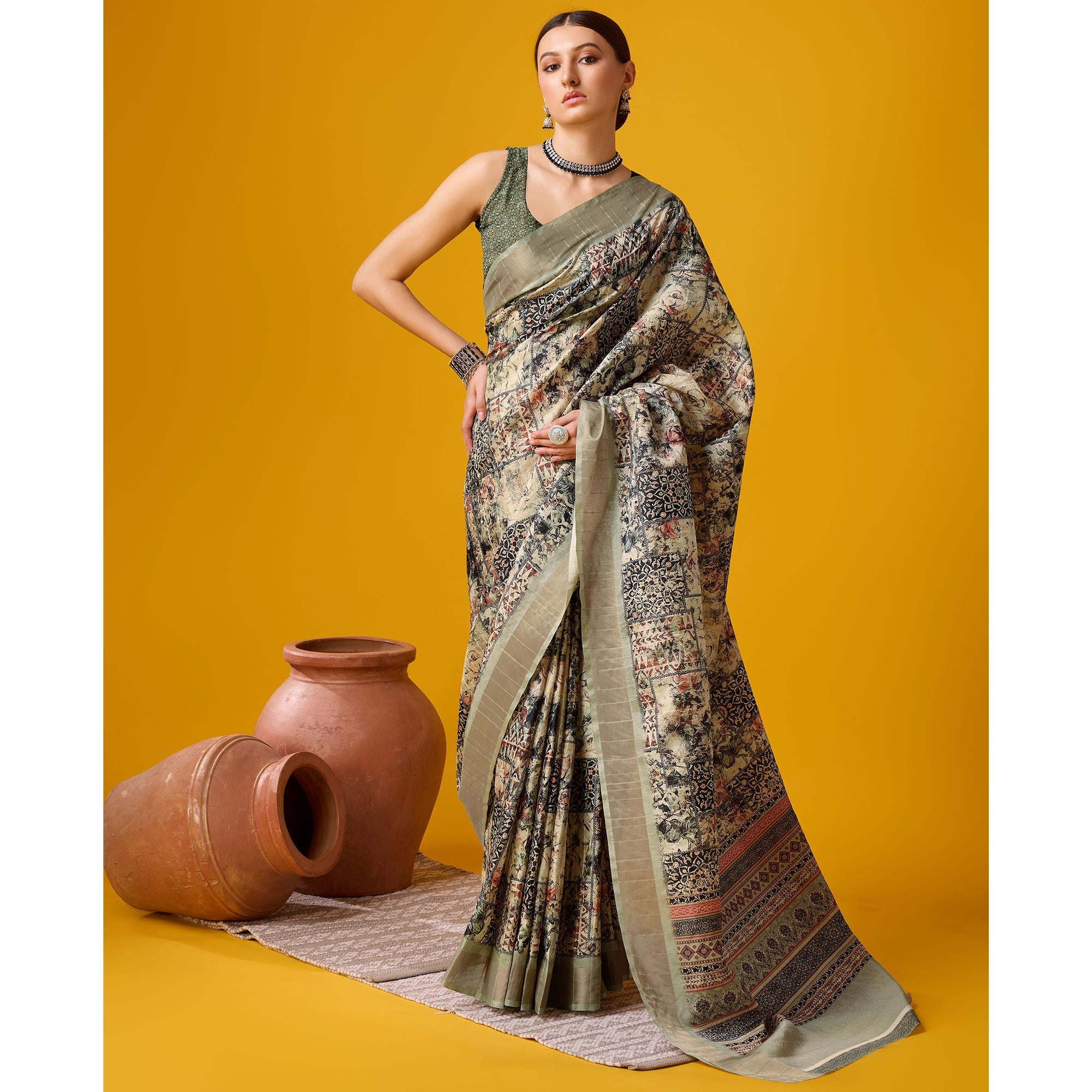 Beige Digital Printed Cotton Silk Saree With Border