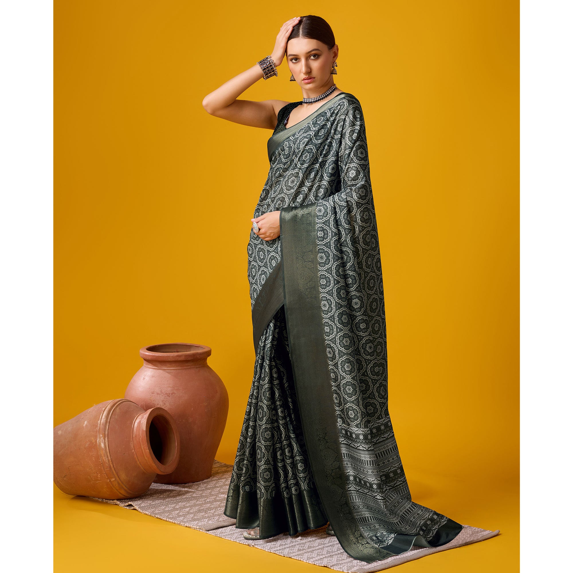 Black Digital Printed Cotton Silk Saree With Border