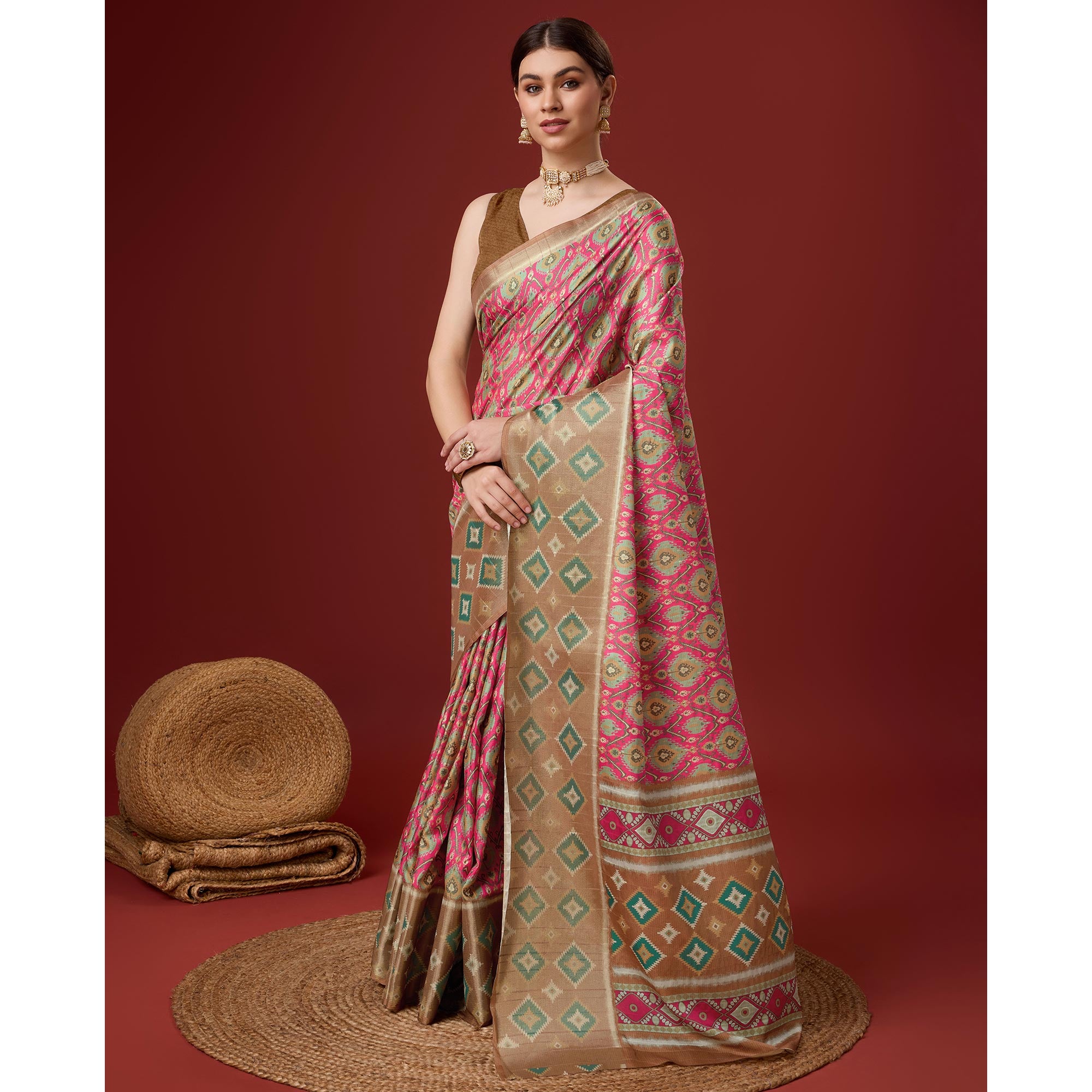 Pink Digital Printed Cotton Silk Saree With Border