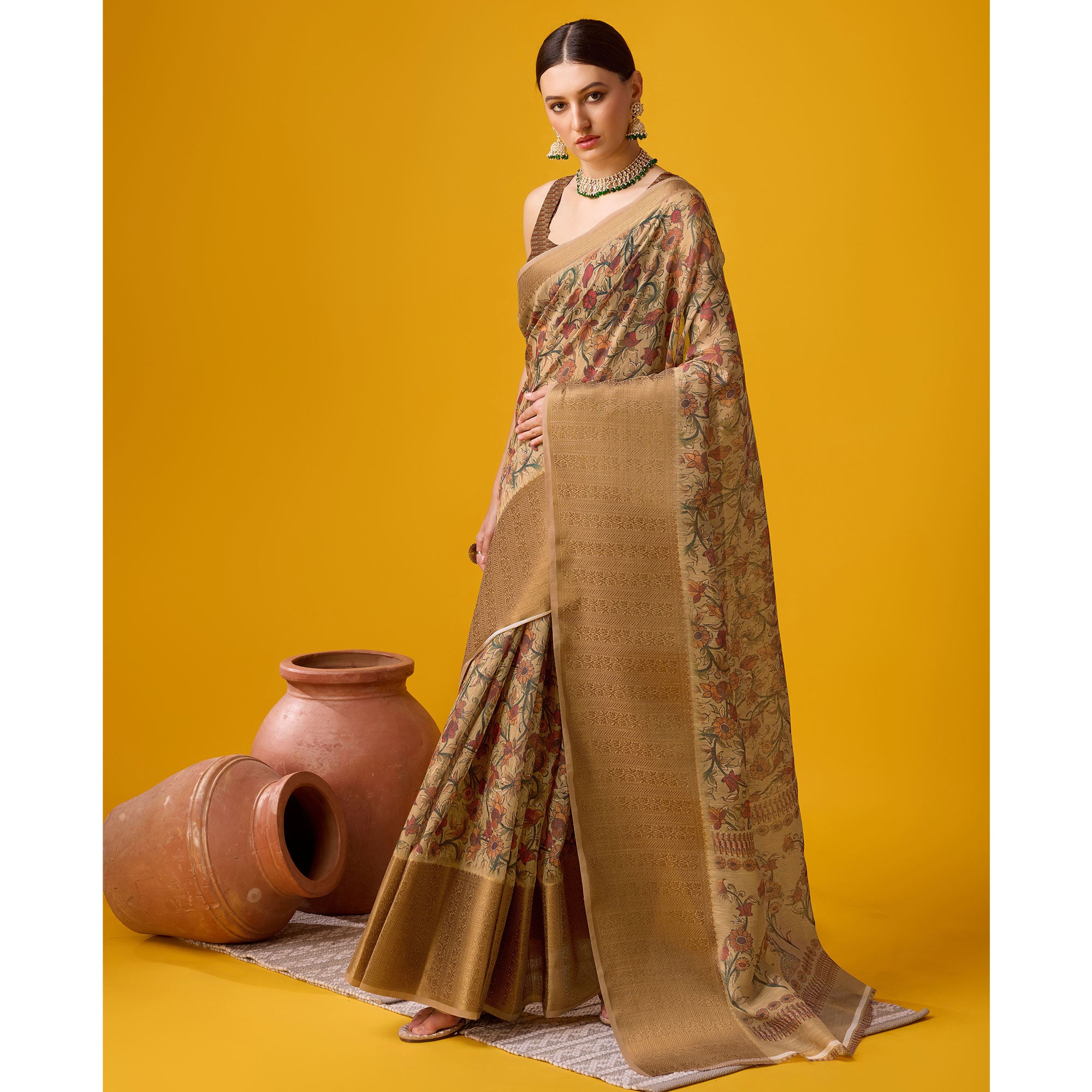 Beige Digital Printed Cotton Silk Saree With Border