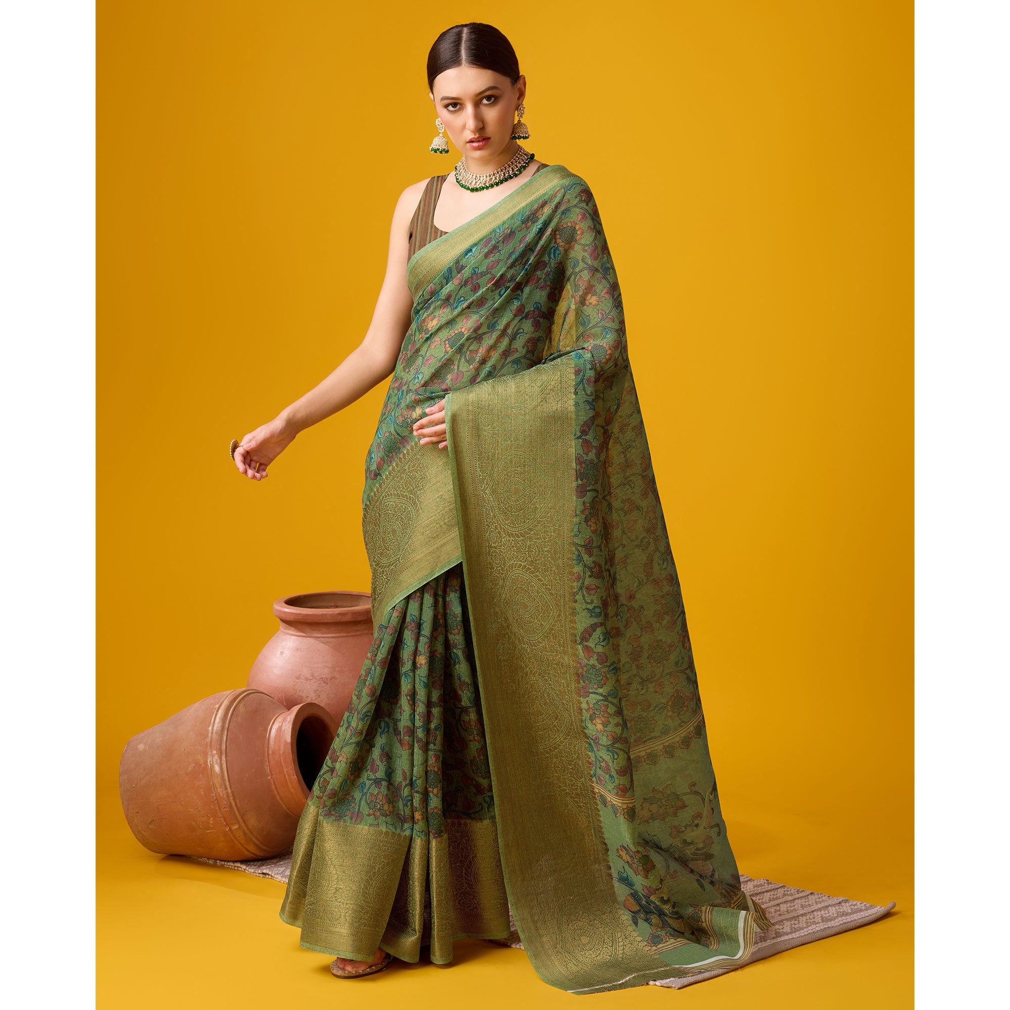 Green Digital Printed Cotton Silk Saree With Border